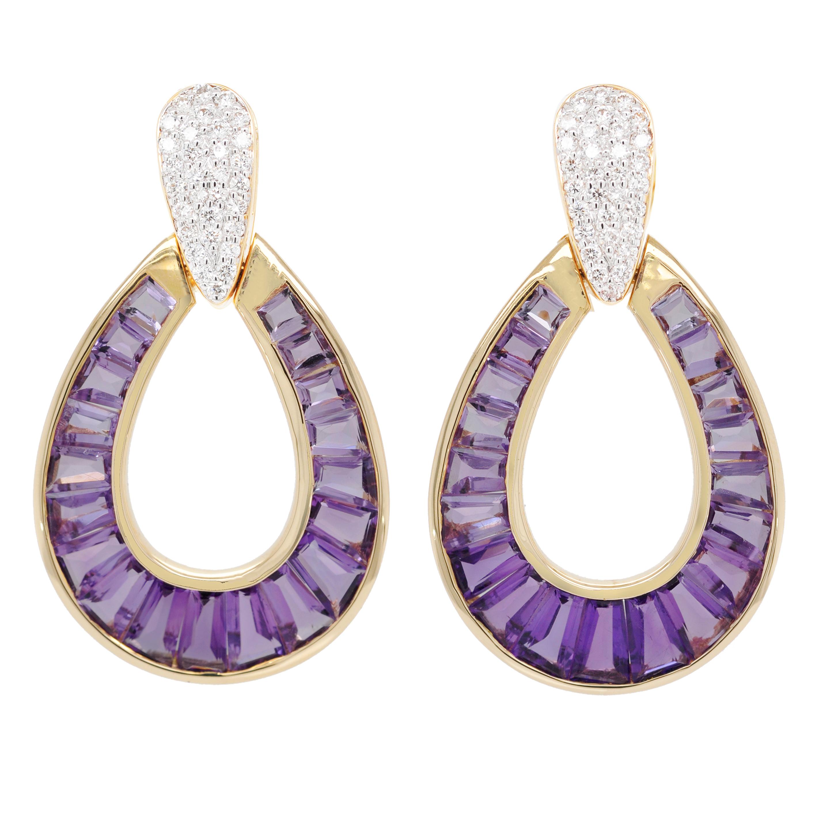 18 Karat Gold Amethyst Taper Baguette Diamond Pendant Necklace Earrings Set For Sale 2
