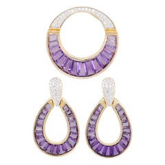 18 Karat Gold Amethyst spitz zulaufende Baguette Diamant Anhänger Halskette Ohrringe Set