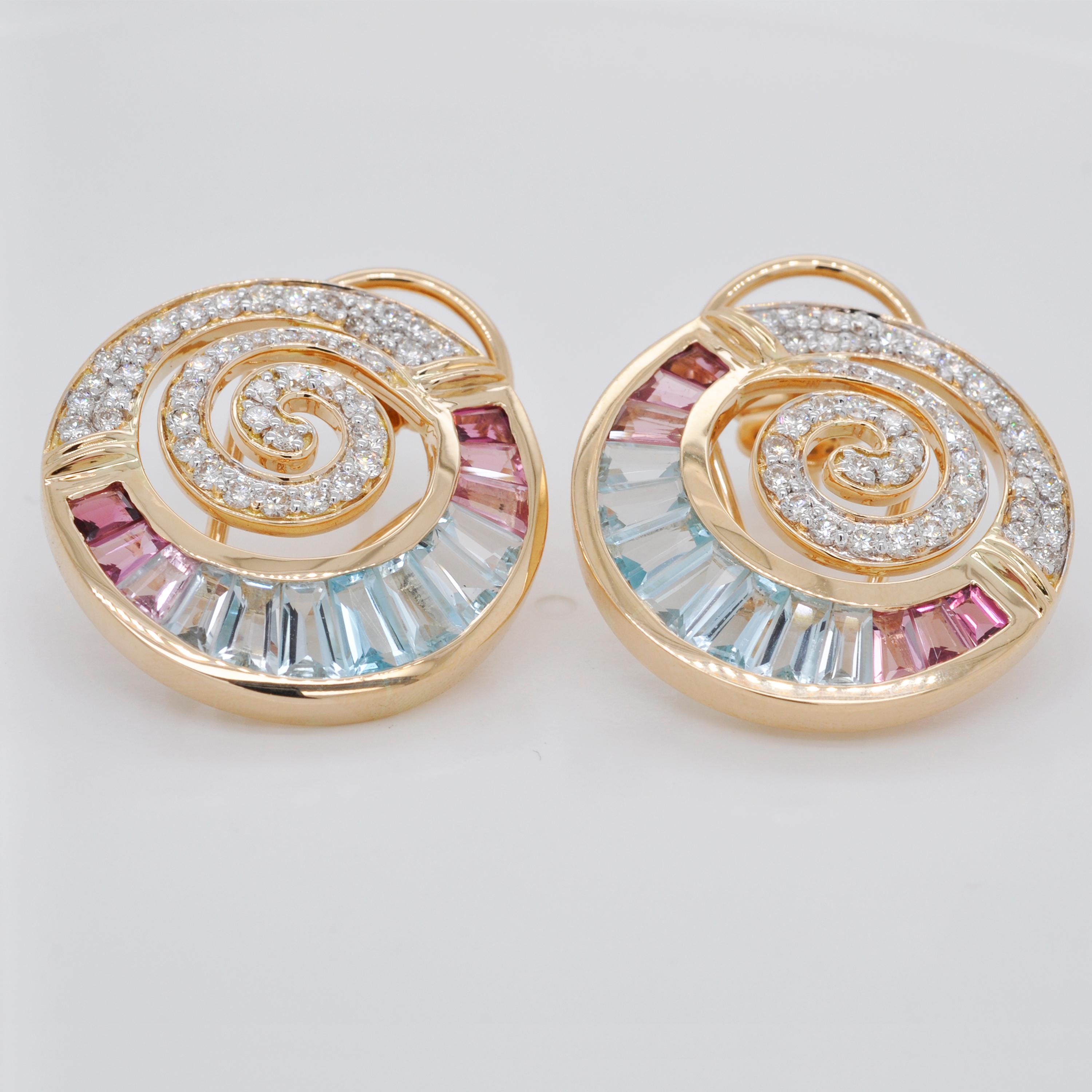 18 karat yellow gold aquamarine pink tourmaline taper baguette diamond clip-on earrings.

These 18 karat gold channel set baguette aquamarine pink tourmaline diamond earrings are inspired by the gorgeous colors of cherry blossom during the spring