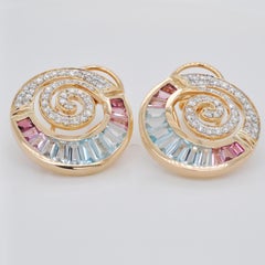 18 Karat Gold Aquamarine Pink Tourmaline Taper Baguette Diamond Clip-on Earrings
