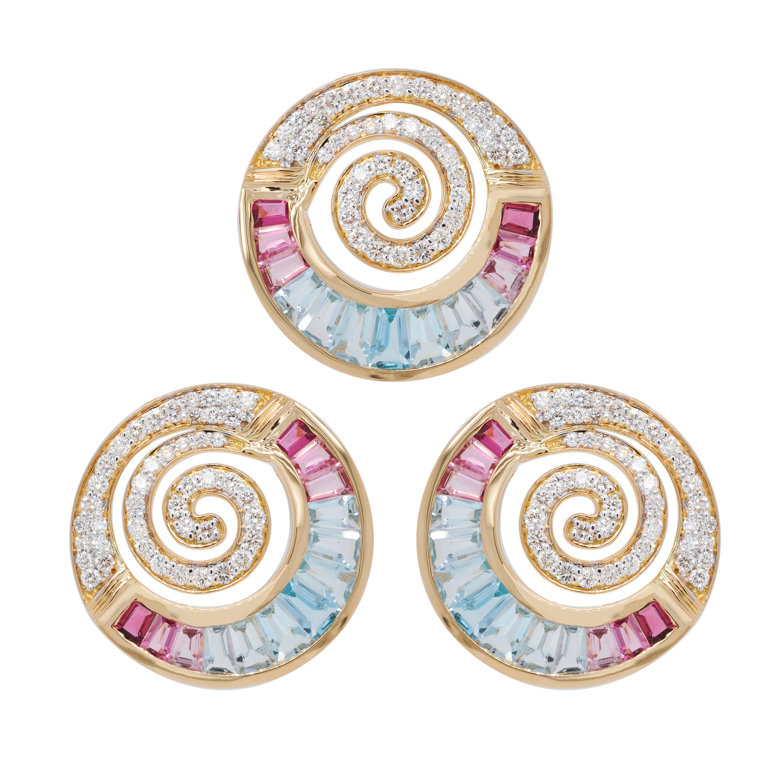 18 Karat Gold Aquamarine Pink Tourmaline Taper Baguette Diamond Clip-on Earrings 8