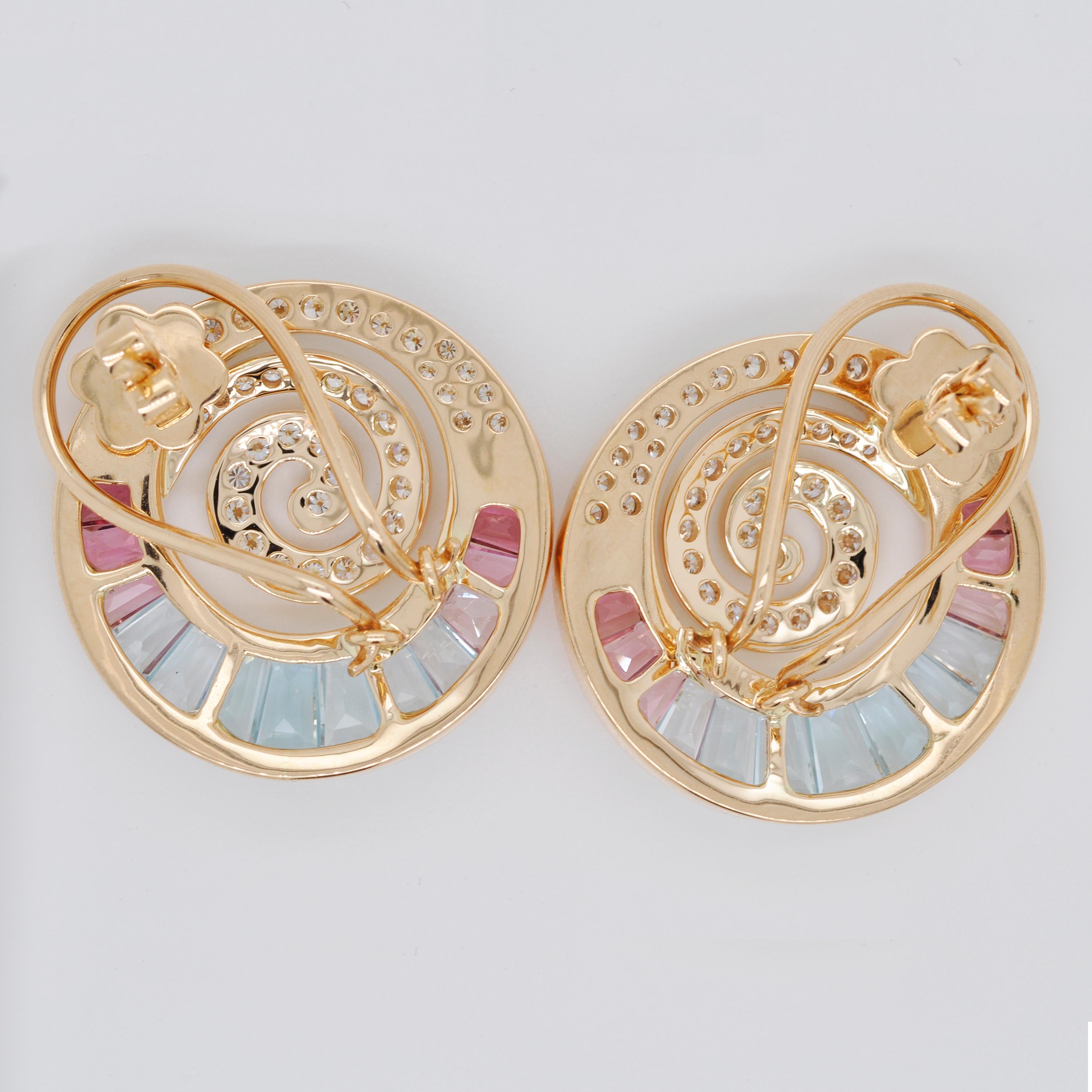 18 Karat Gold Aquamarine Pink Tourmaline Taper Baguette Diamond Clip-on Earrings 5