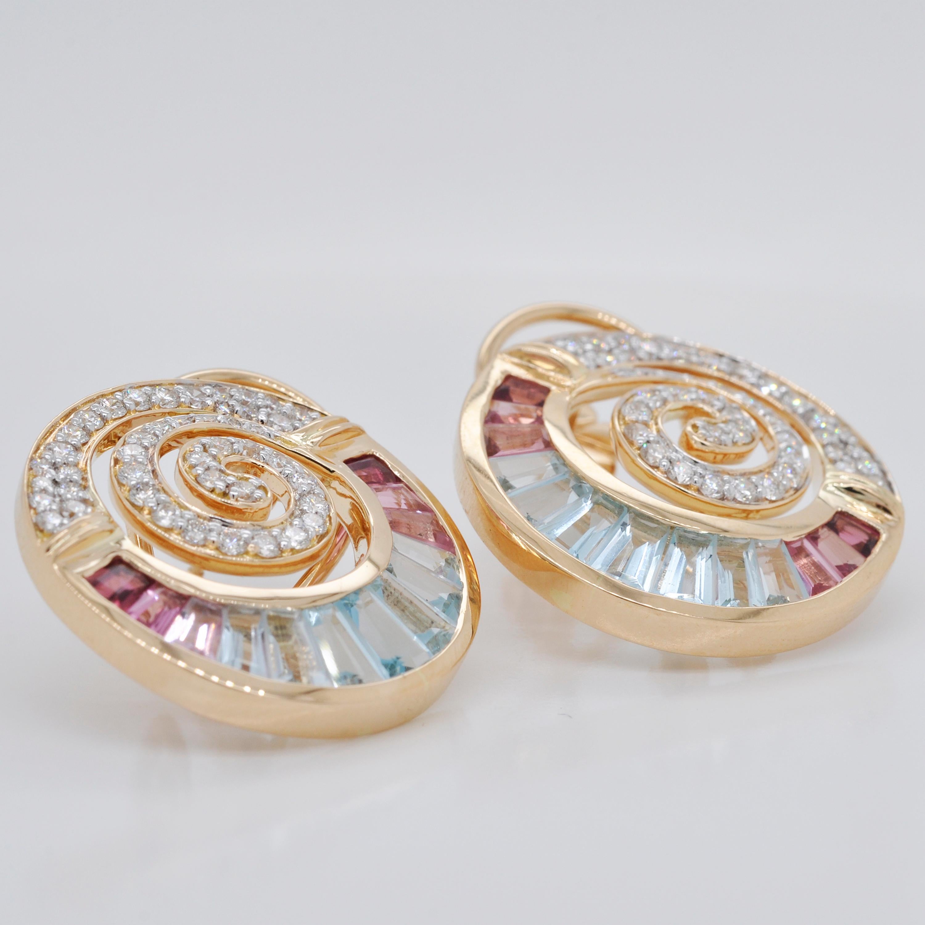 18 Karat Gold Aquamarine Pink Tourmaline Taper Baguette Diamond Clip-on Earrings 3