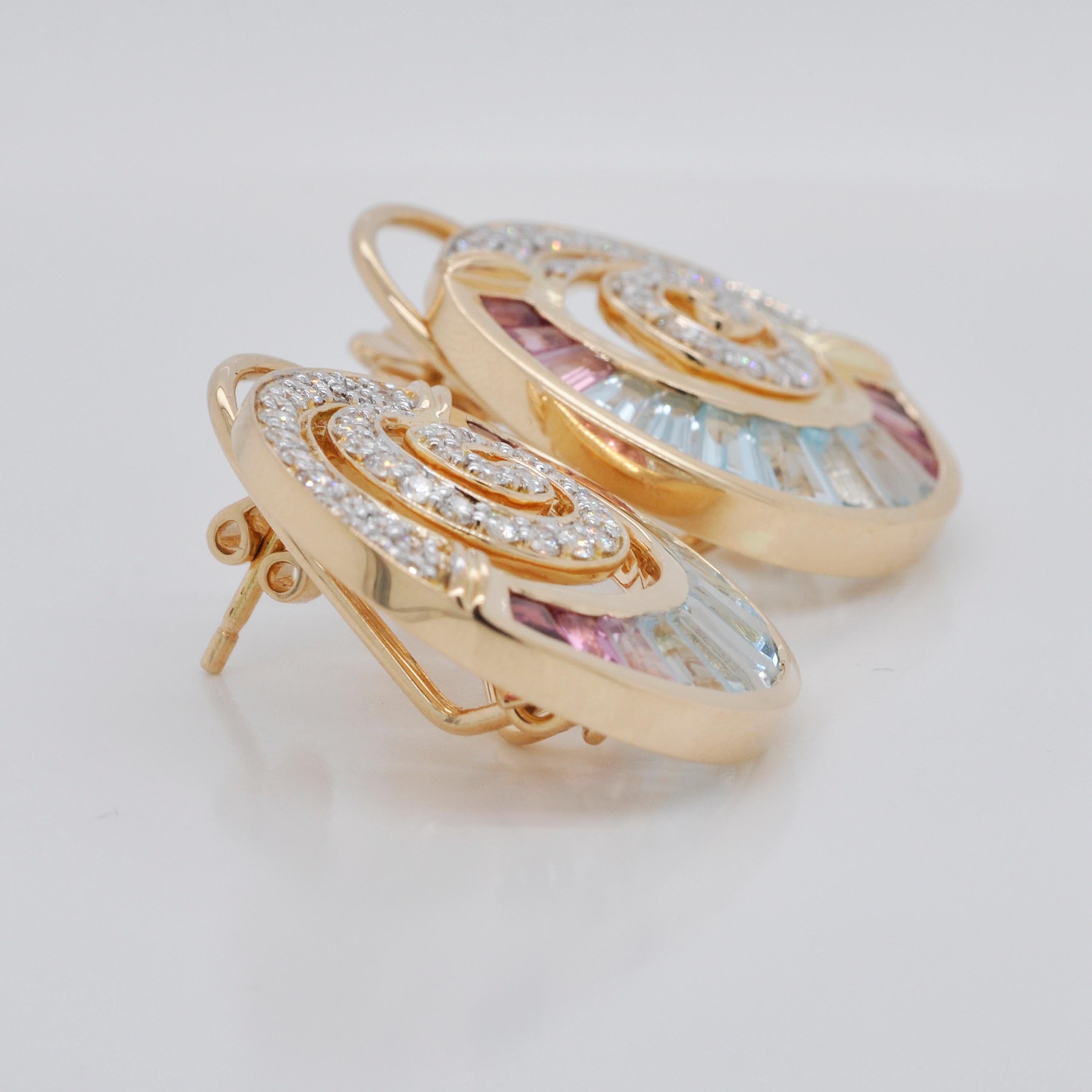 18 Karat Gold Aquamarine Pink Tourmaline Taper Baguette Diamond Clip-on Earrings 4