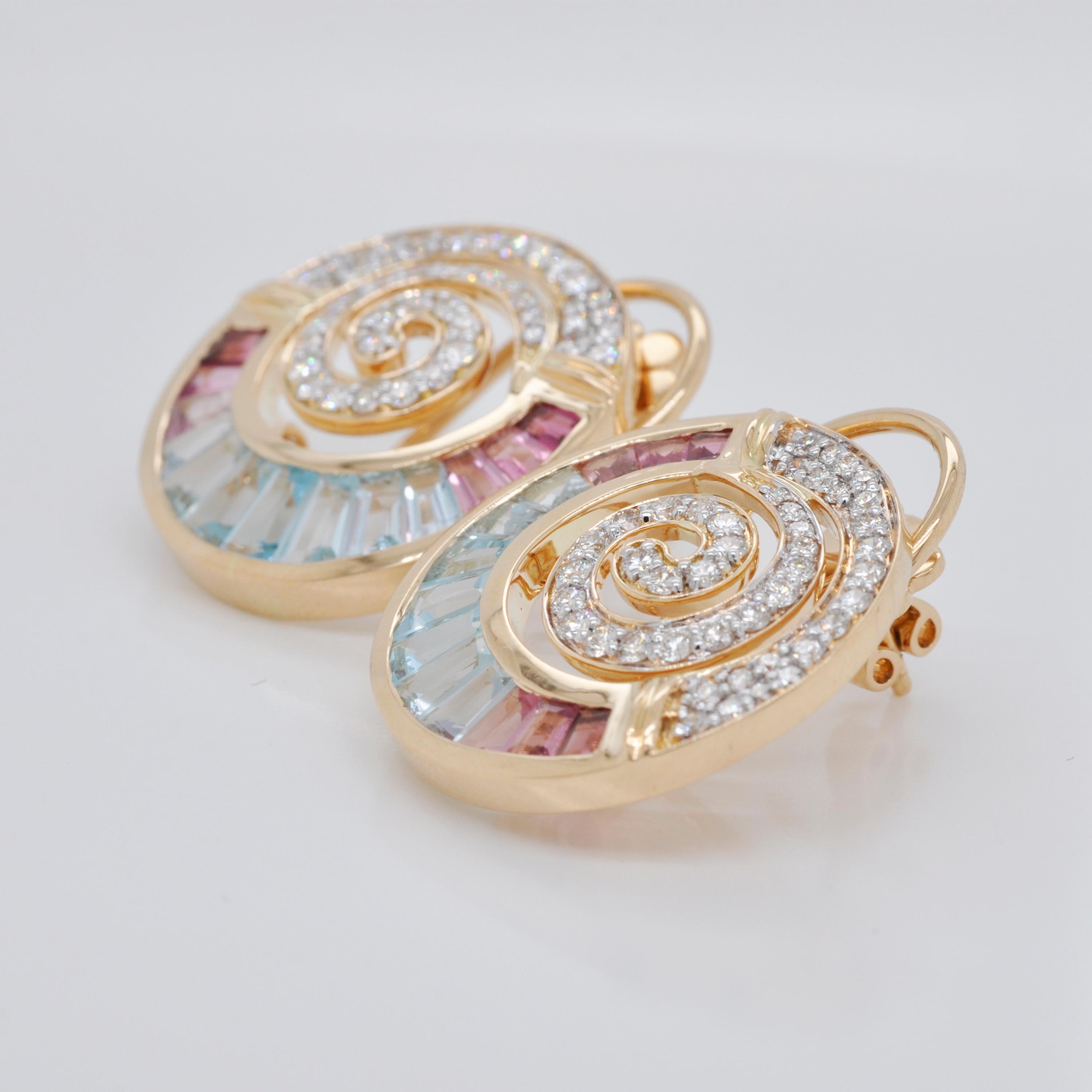 18 Karat Gold Aquamarine Pink Tourmaline Taper Baguette Diamond Clip-on Earrings 2