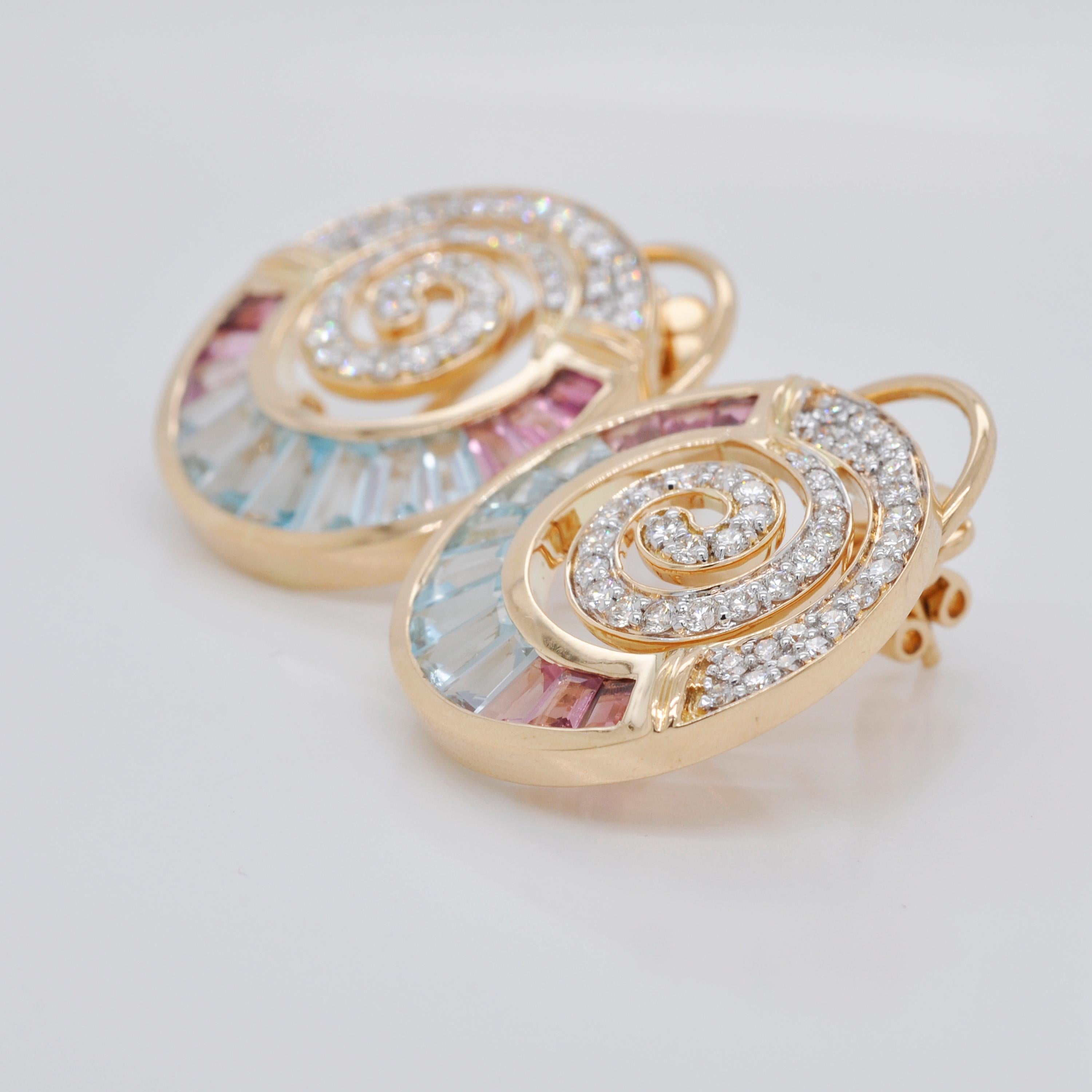 Women's 18 Karat Gold Aquamarine Pink Tourmaline Taper Baguette Diamond Clip-on Earrings
