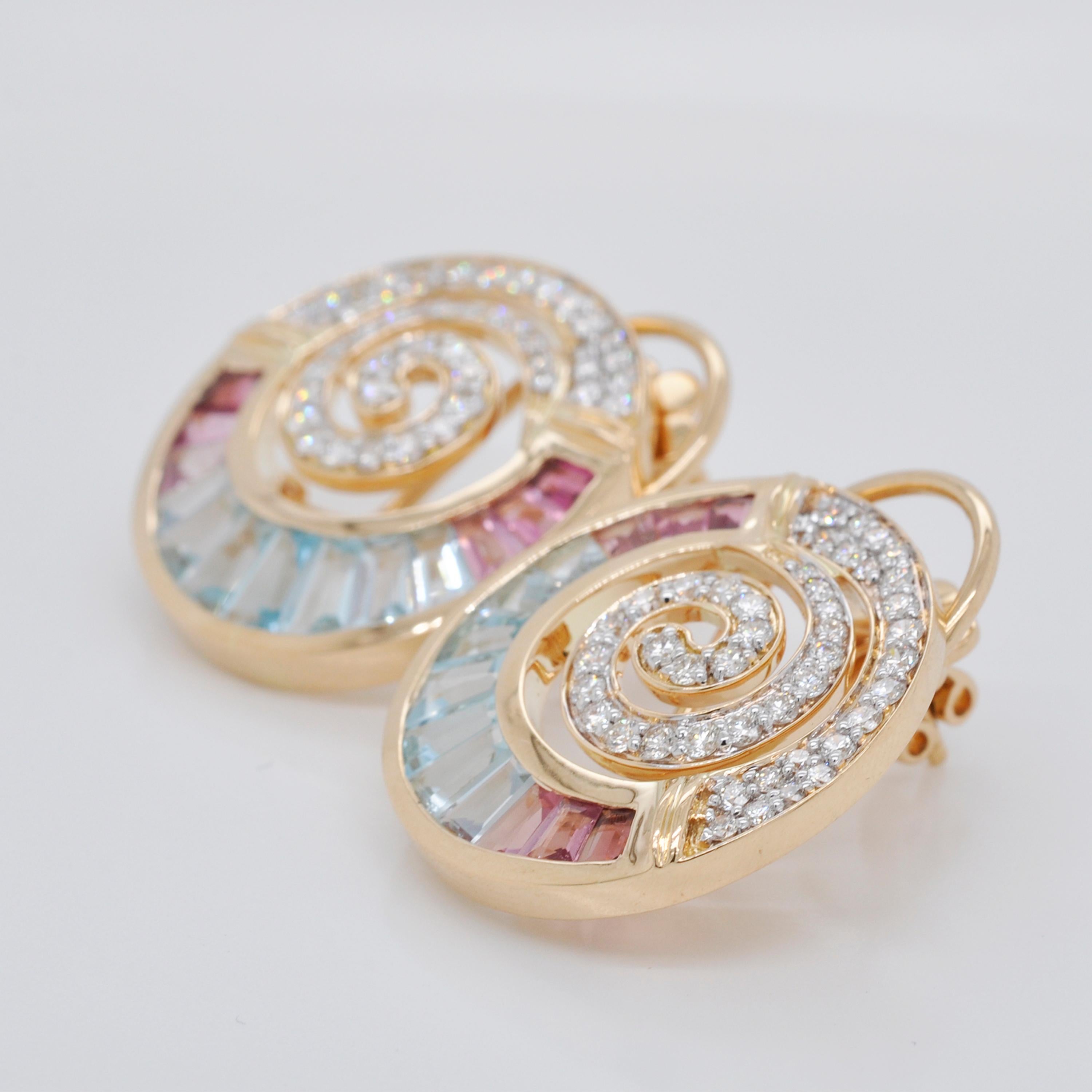 18 Karat Gold Aquamarine Pink Tourmaline Taper Baguette Diamond Clip-on Earrings 1