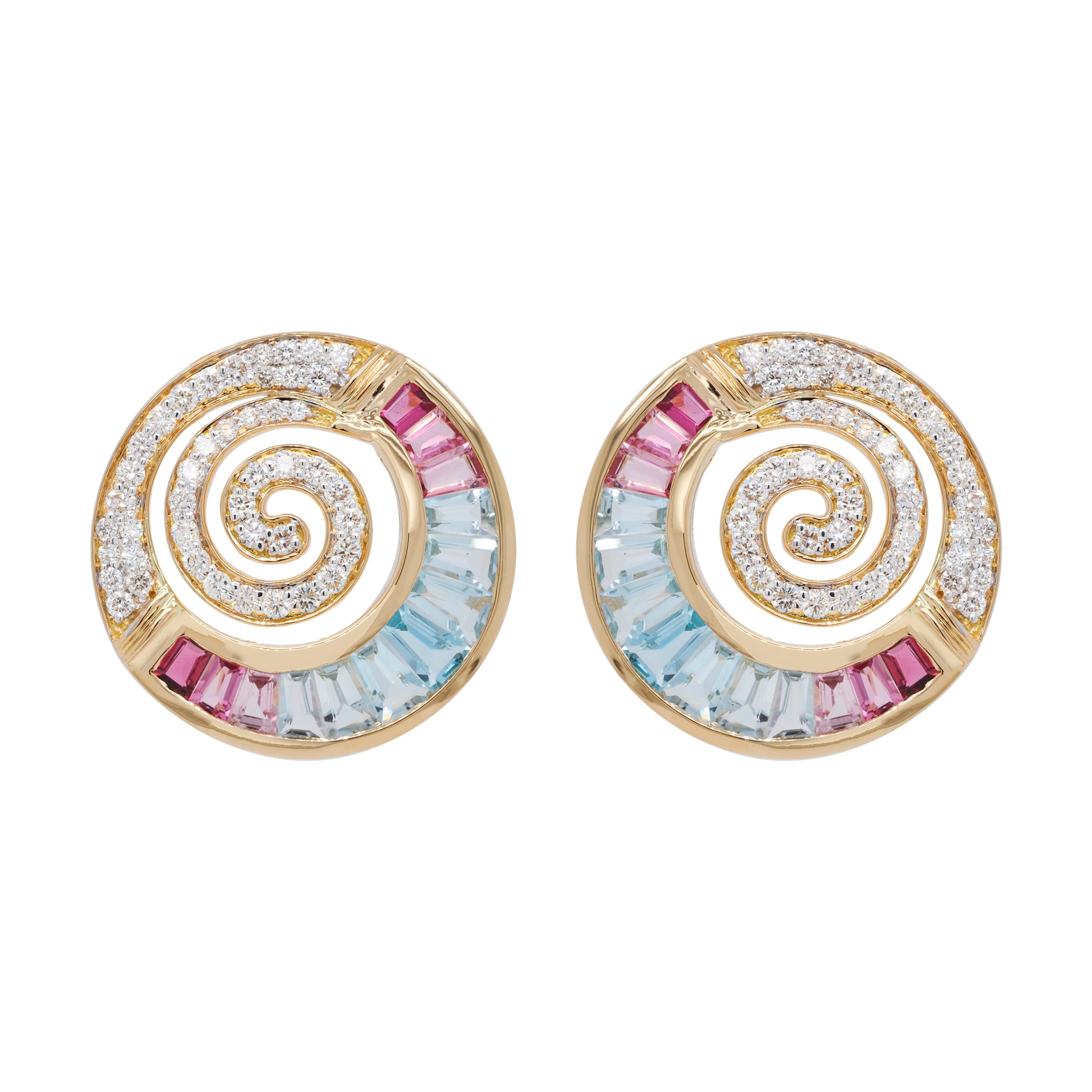 18 Karat Gold Aquamarine Pink Tourmaline Taper Baguette Diamond Clip-on Earrings