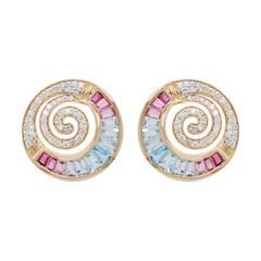 Clips d'oreilles en or 18 carats avec aigue-marine, tourmaline rose et diamants taille baguette