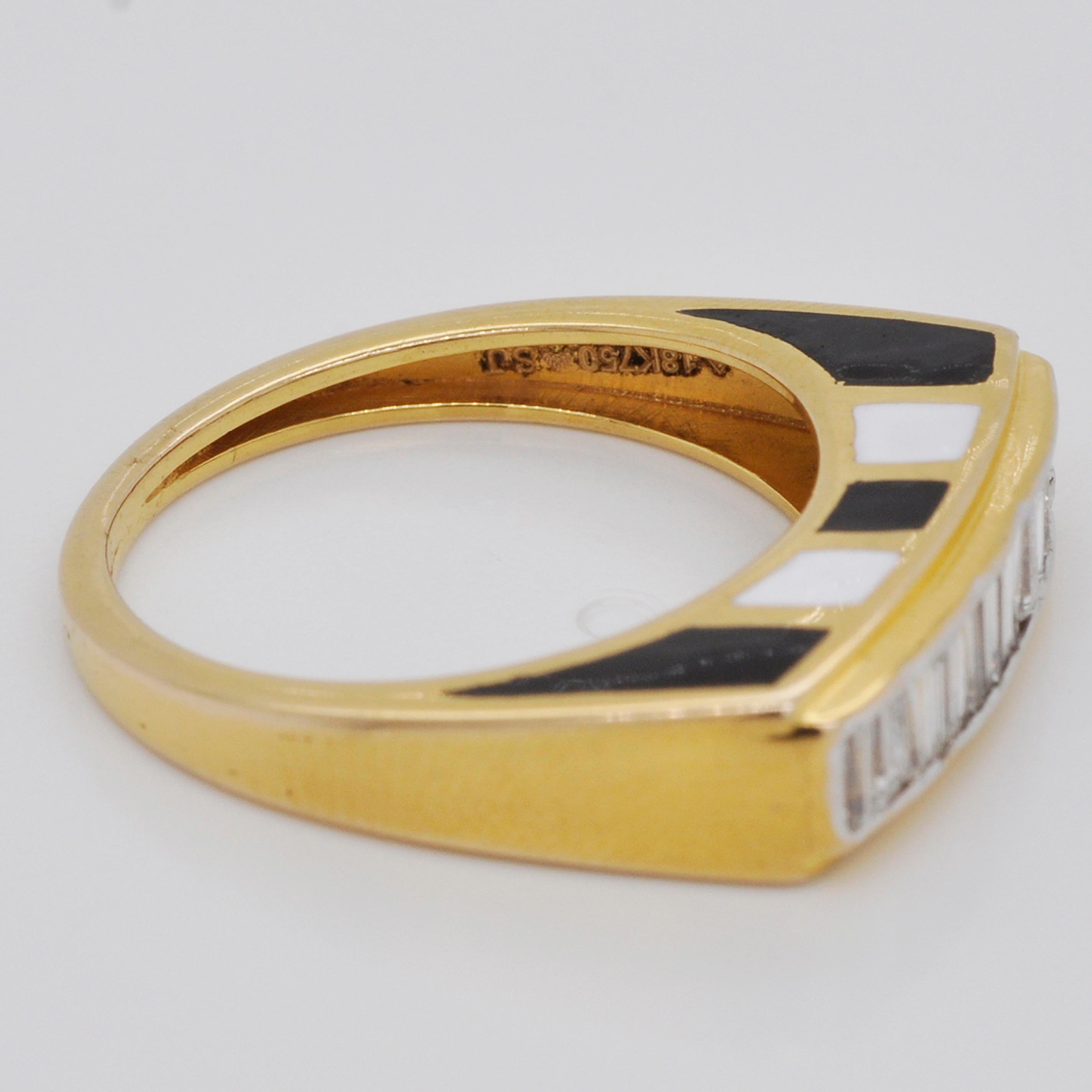 Women's or Men's 18 Karat Gold Channel Set Baguette Diamond French Enamel Contemporary Band Ring For Sale