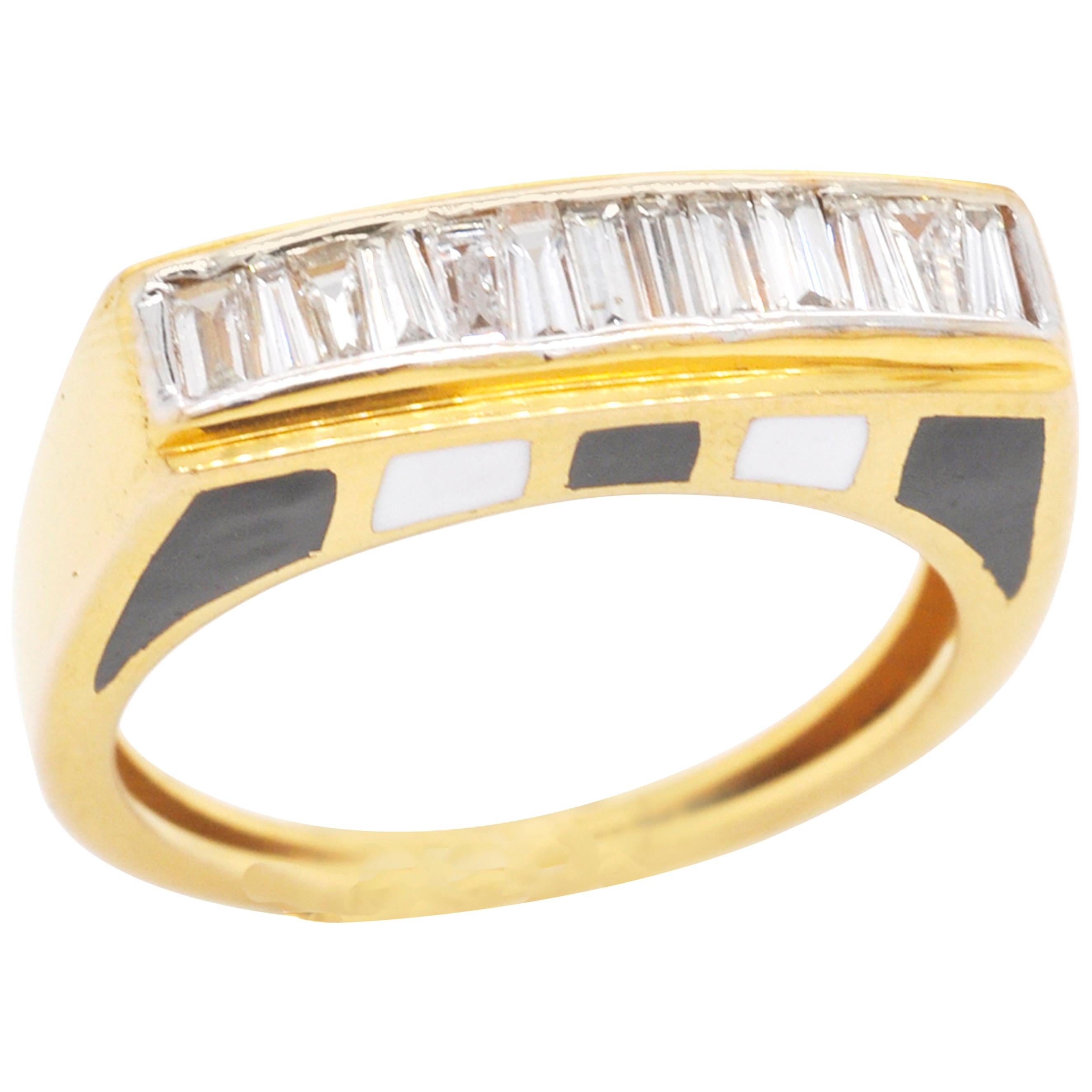 18 Karat Gold Channel Set Baguette Diamond French Enamel Contemporary Band Ring For Sale