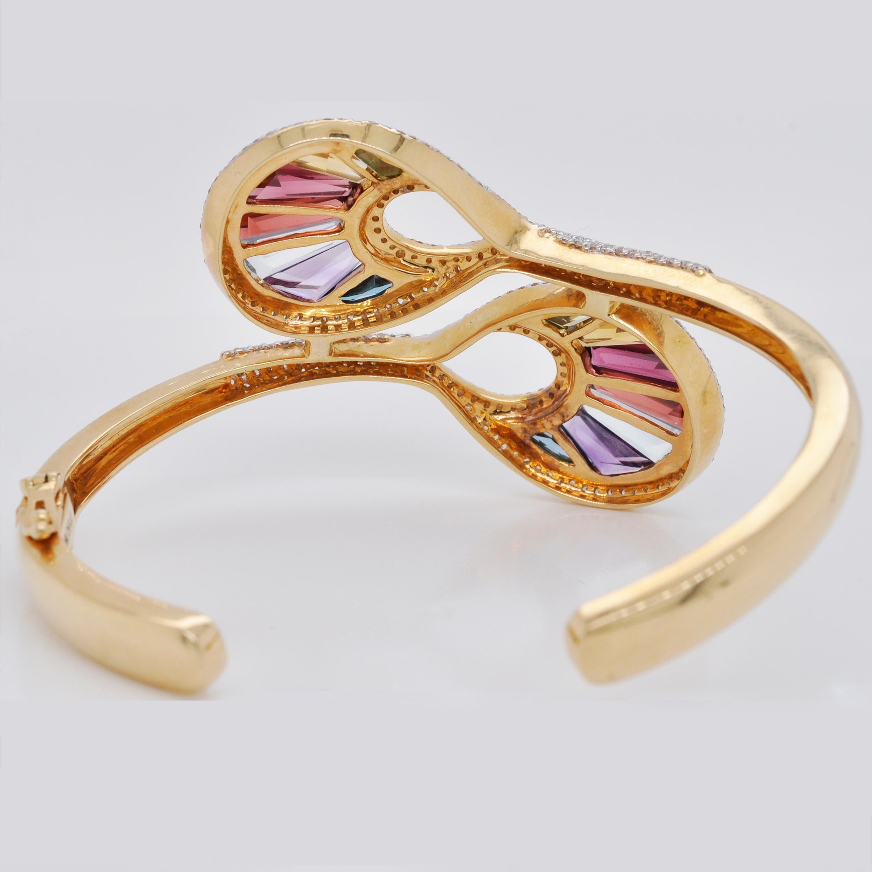 Contemporary 18 Karat Gold Channel Set Baguette Multi-Color Rainbow Diamond Cocktail Bracelet For Sale