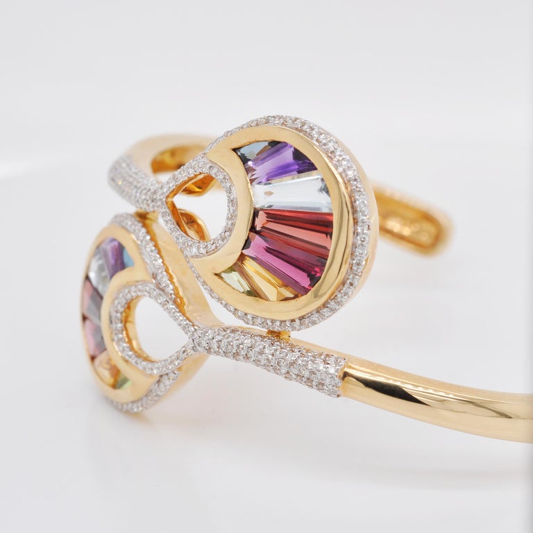 18 Karat Gold Channel Set Baguette Multi-Color Rainbow Diamond Cocktail Bracelet For Sale 1