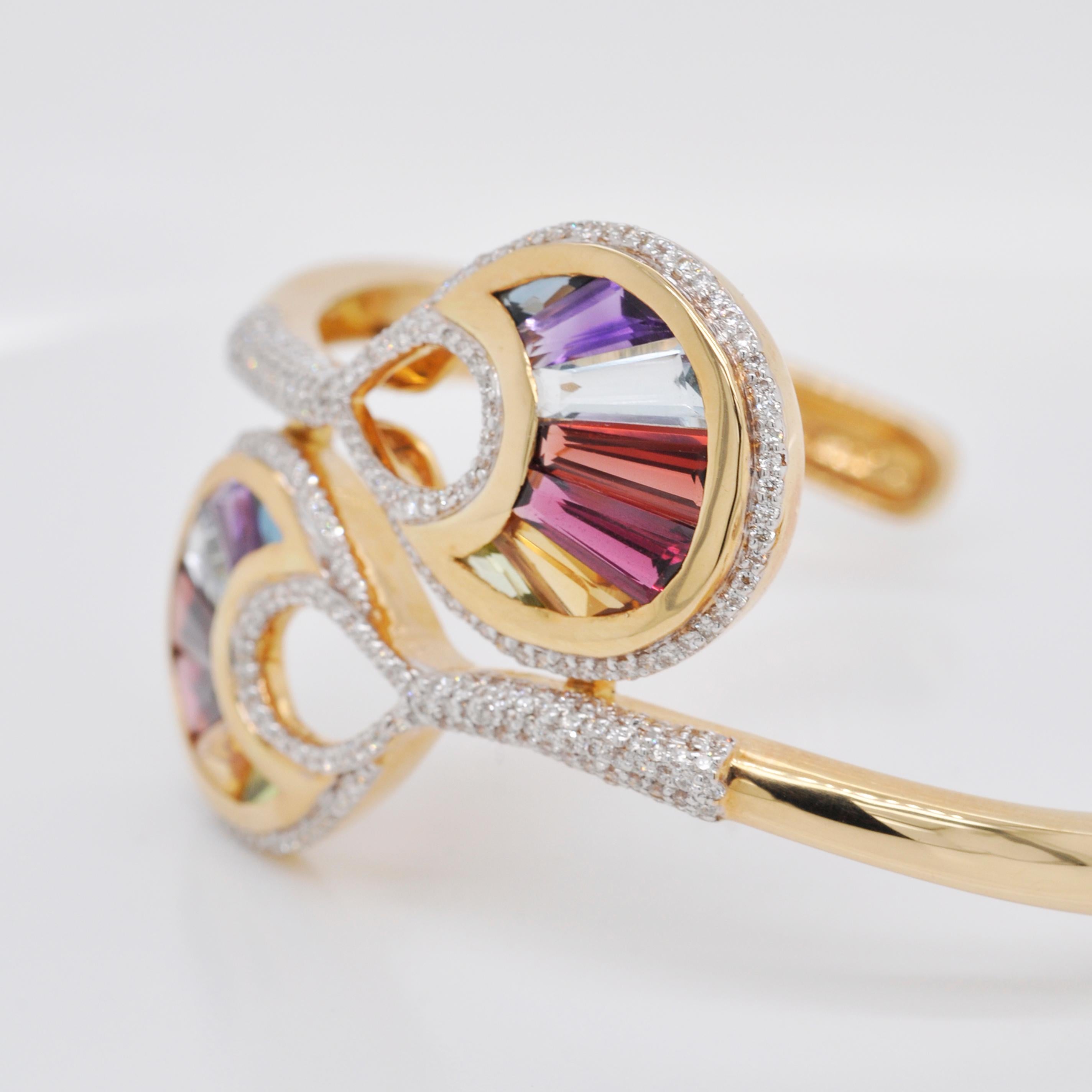 Women's 18 Karat Gold Channel Set Baguette Multi-Color Rainbow Diamond Cocktail Bracelet For Sale