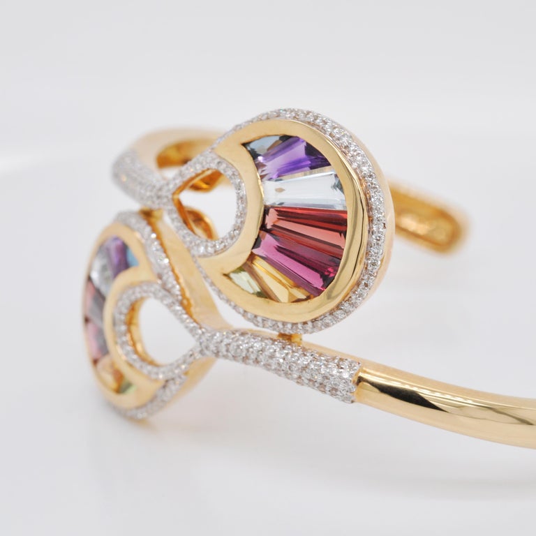 18 Karat Gold Channel Set Baguette Multi-Color Rainbow Diamond Cocktail Bracelet For Sale 2