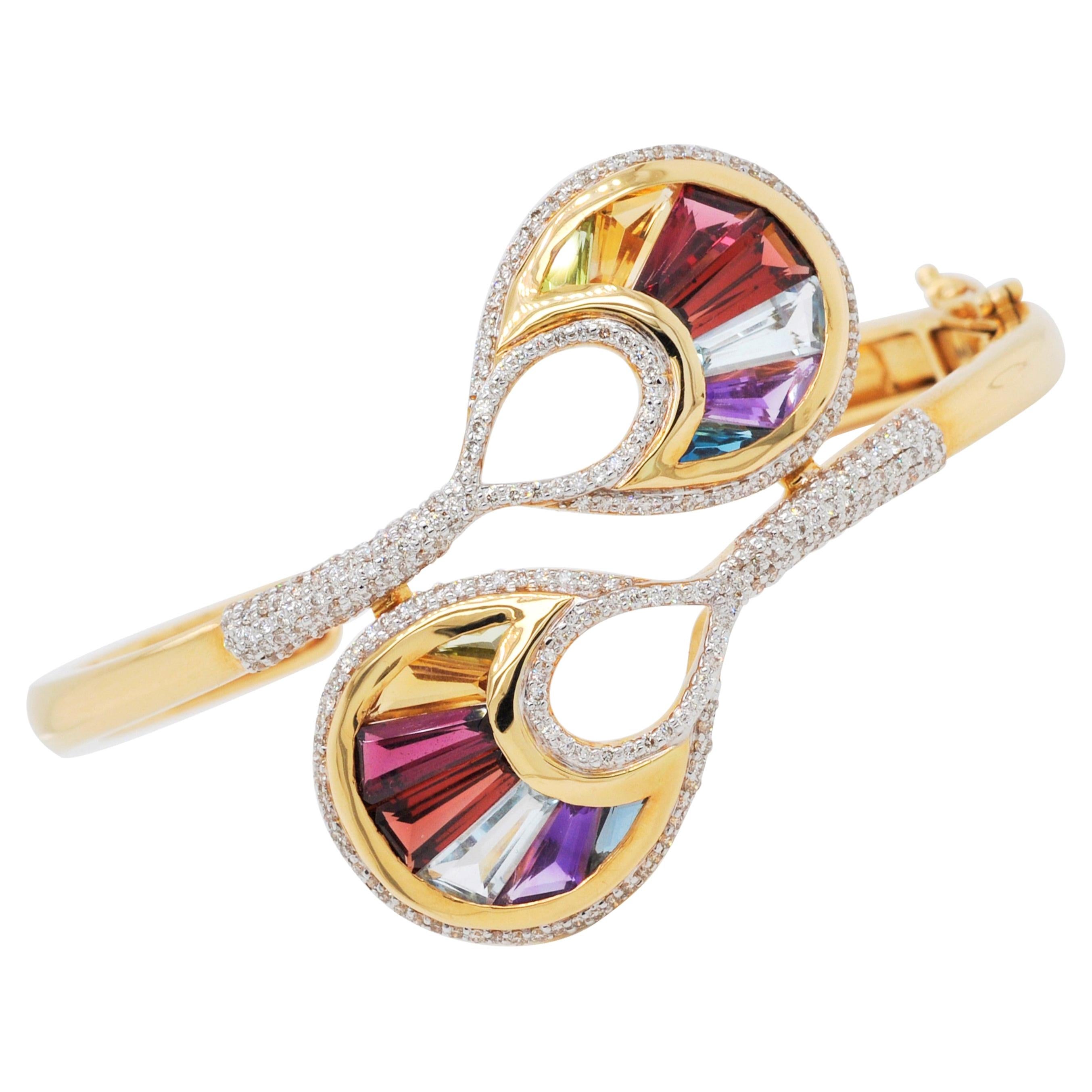 18 Karat Gold Channel Set Baguette Multi-Color Rainbow Diamond Cocktail Bracelet For Sale