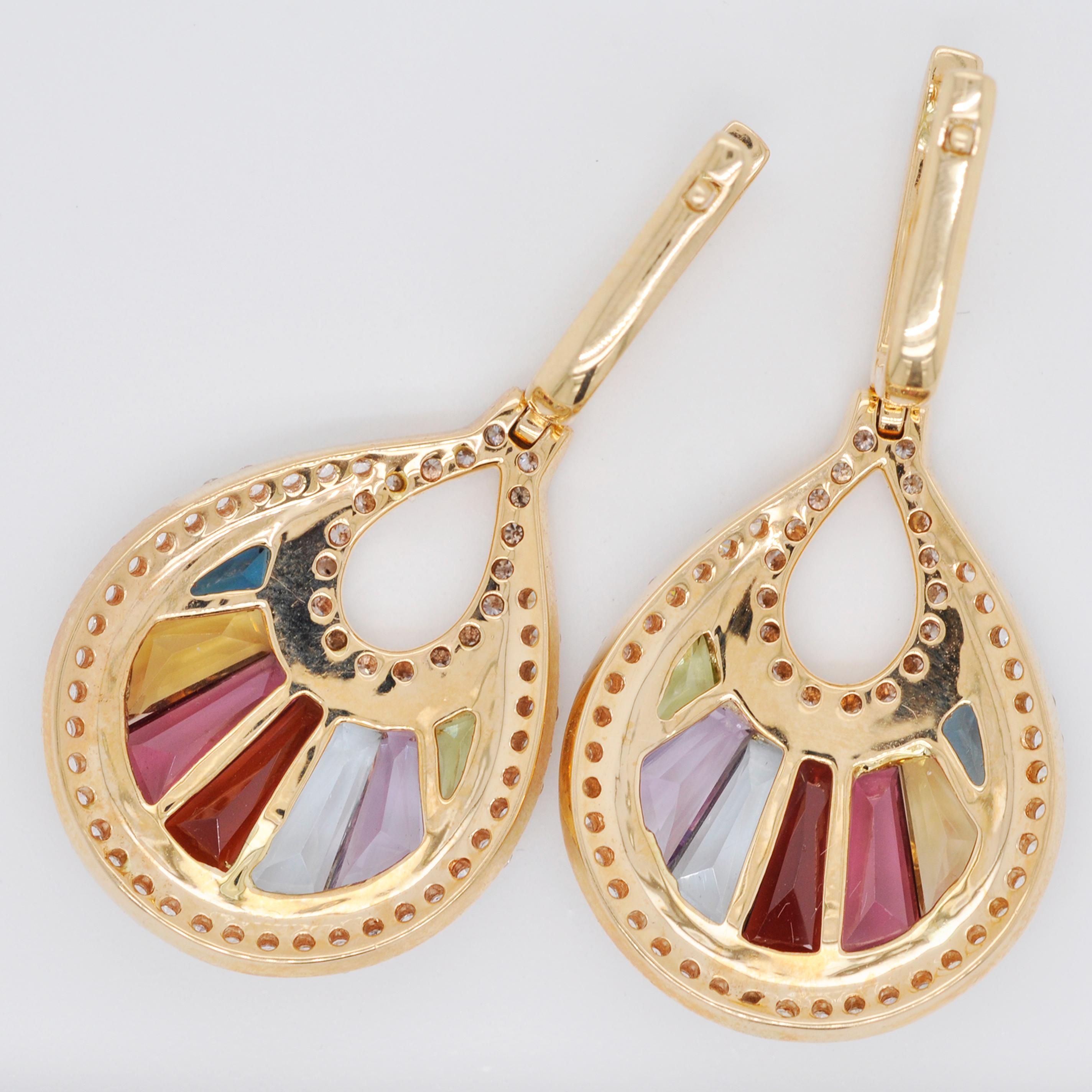 18 Karat Gold Channel Set Baguette Multi-Color Rainbow Diamond Cocktail Earrings For Sale 1