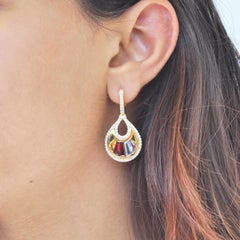 18 Karat Gold Channel Set Baguette Multi-Color Rainbow Diamond Cocktail Earrings