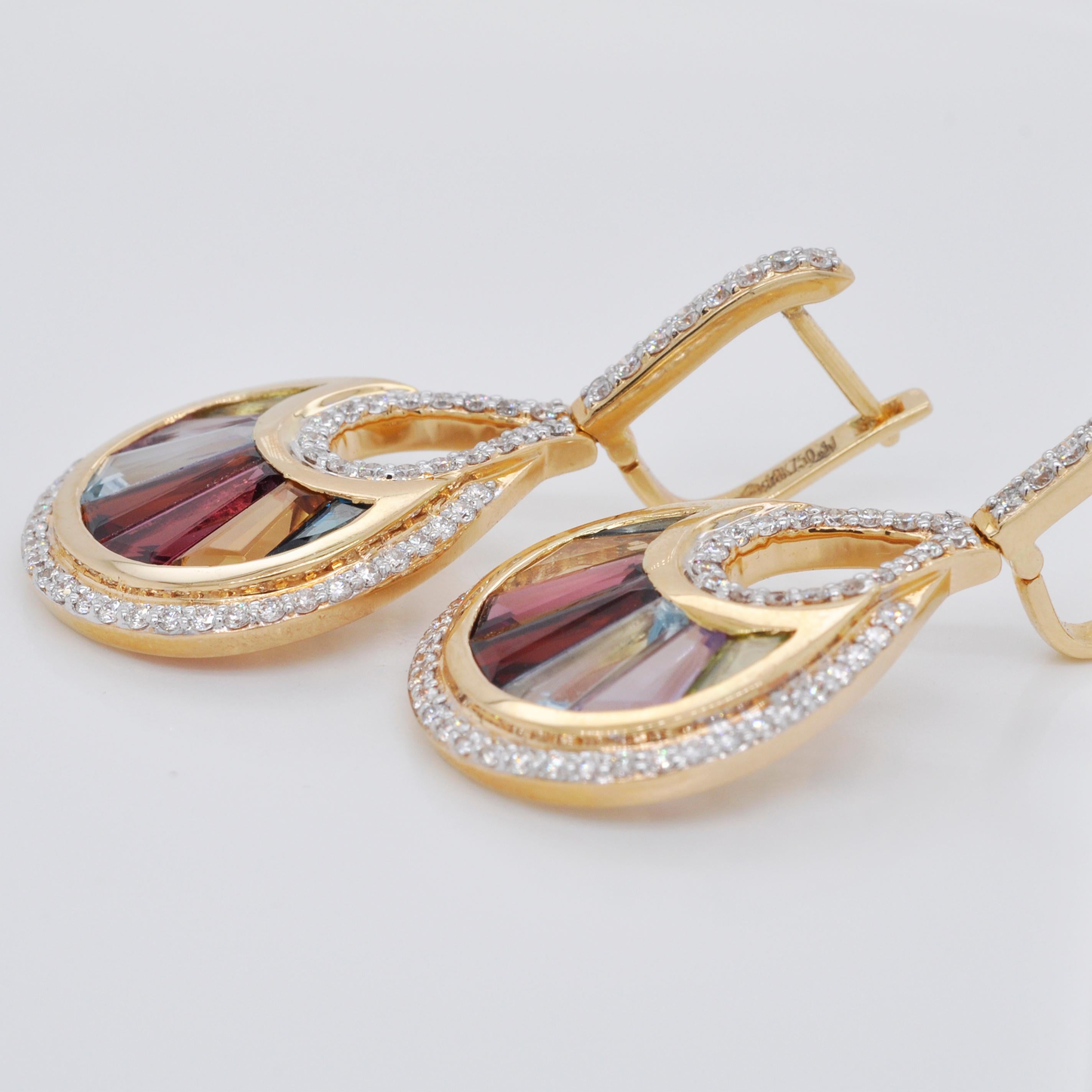 Contemporary 18 Karat Gold Channel Set Baguette Multi-Color Rainbow Diamond Cocktail Earrings For Sale