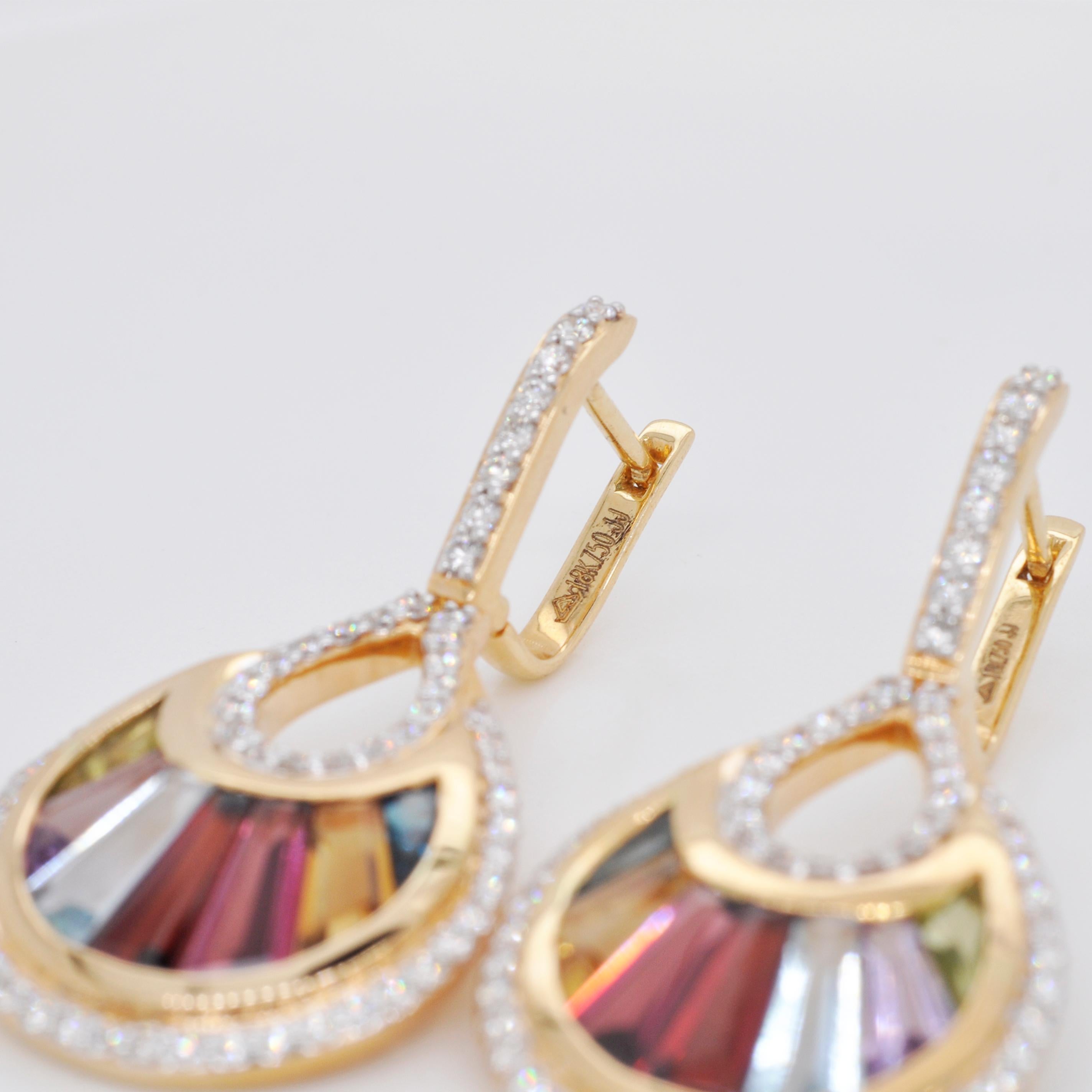 Tapered Baguette 18 Karat Gold Channel Set Baguette Multi-Color Rainbow Diamond Cocktail Earrings For Sale