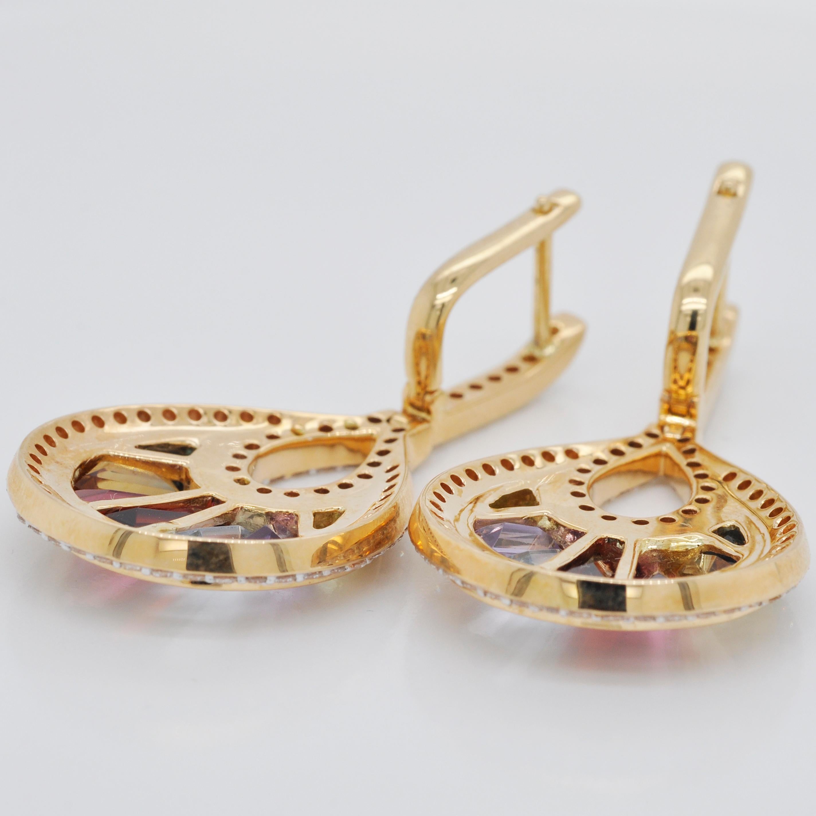 Women's 18 Karat Gold Channel Set Baguette Multi-Color Rainbow Diamond Cocktail Earrings For Sale