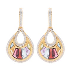 18 Karat Gold Channel Set Baguette Multi-Color Rainbow Diamond Cocktail Earrings
