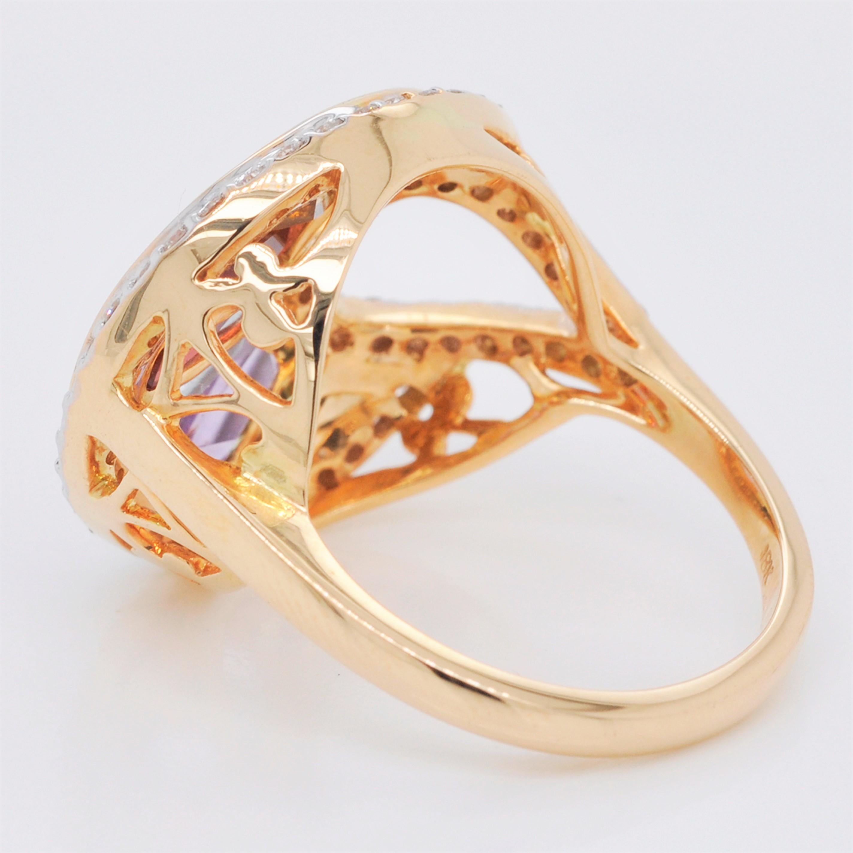 Contemporary 18 Karat Gold Channel Set Baguette Multi-Color Rainbow Diamond Cocktail Fan Ring For Sale