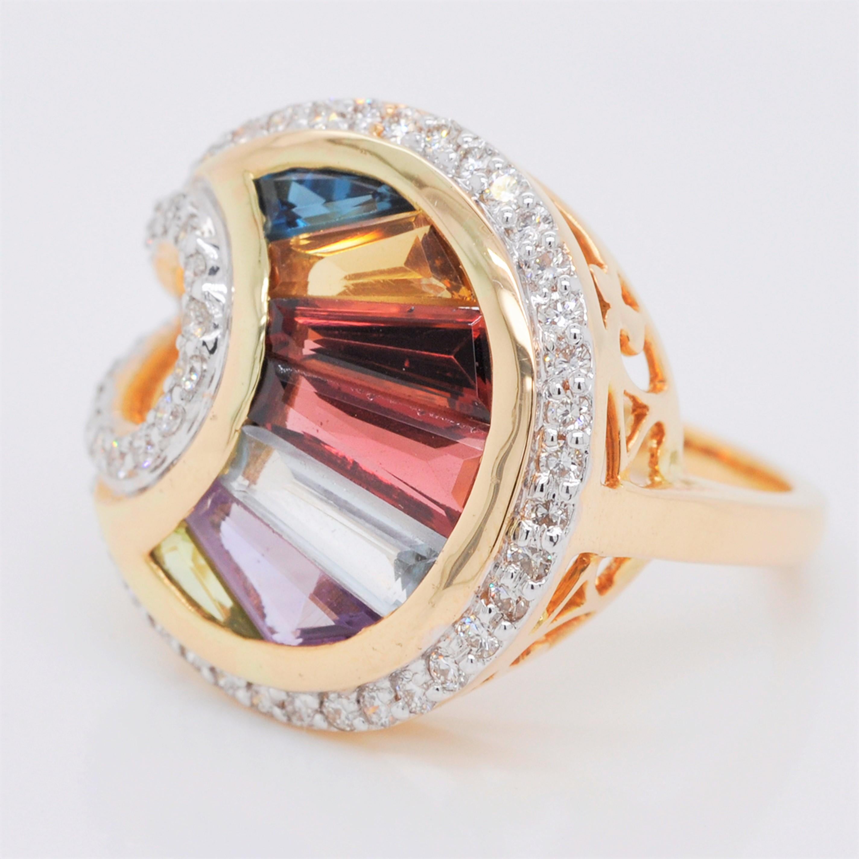 Tapered Baguette 18 Karat Gold Channel Set Baguette Multi-Color Rainbow Diamond Cocktail Fan Ring For Sale