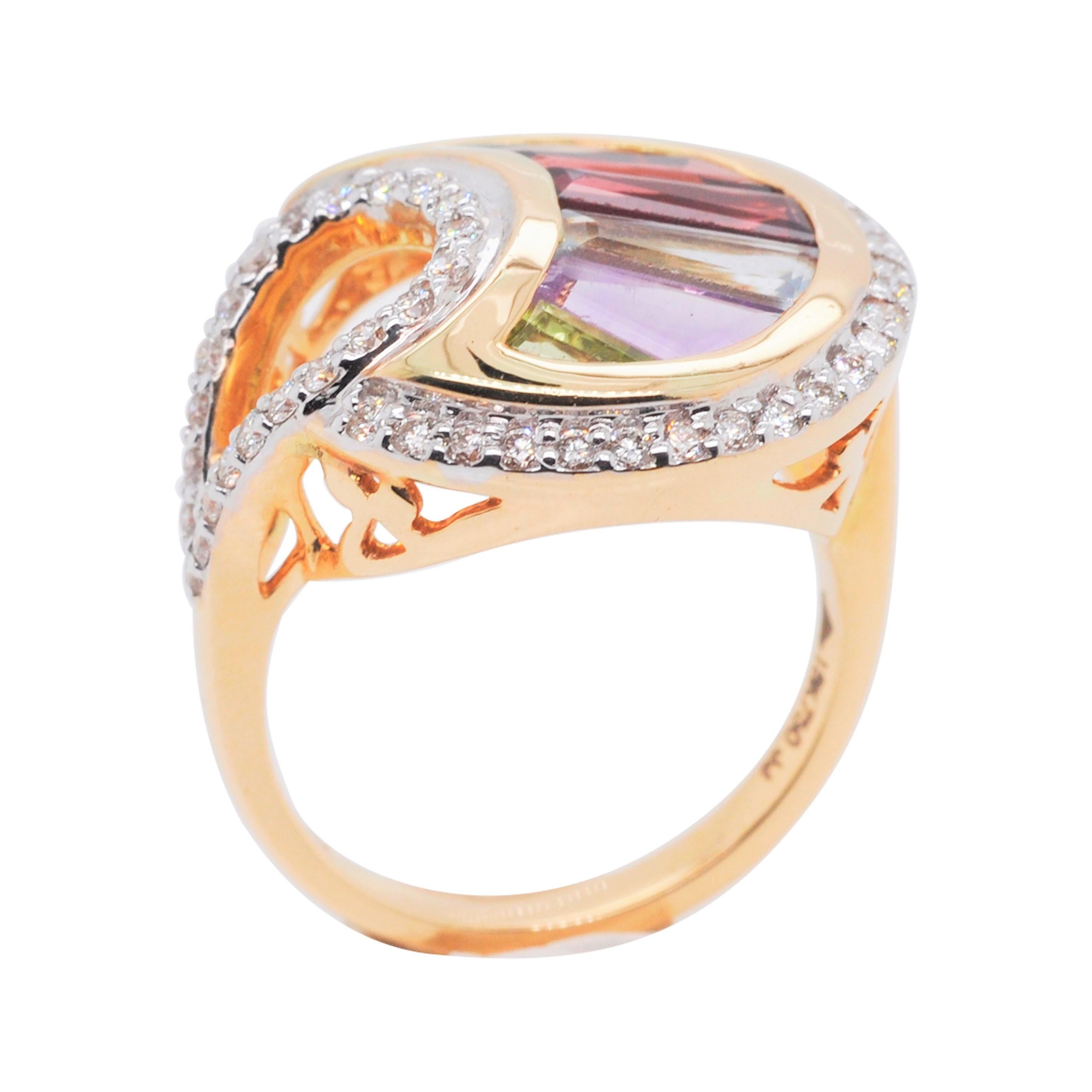 Bague cocktail éventail en or 18 carats sertie de diamants baguettes multicolores arc-en-ciel en vente 2