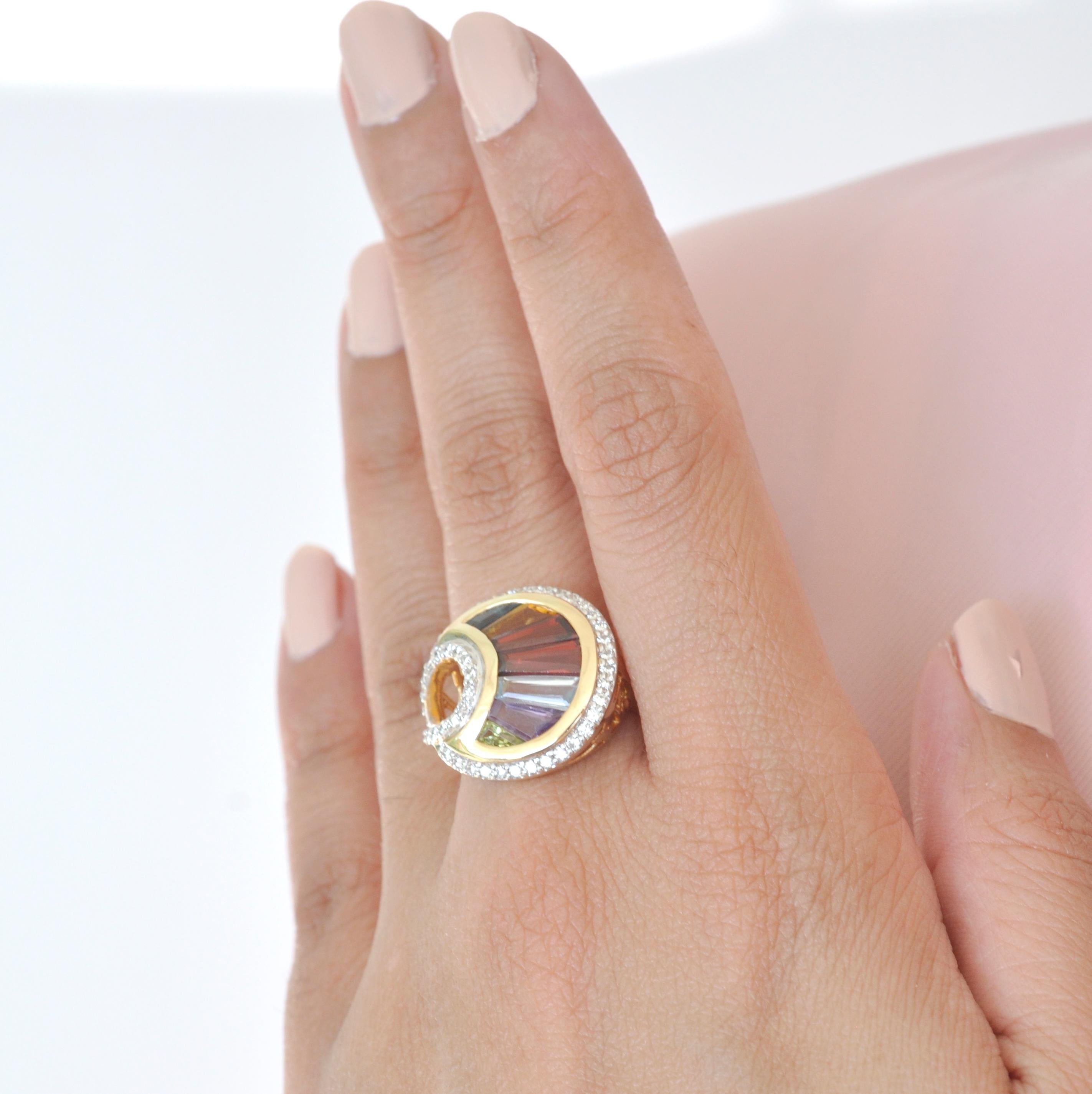 Women's 18 Karat Gold Channel Set Baguette Multi-Color Rainbow Diamond Cocktail Fan Ring For Sale
