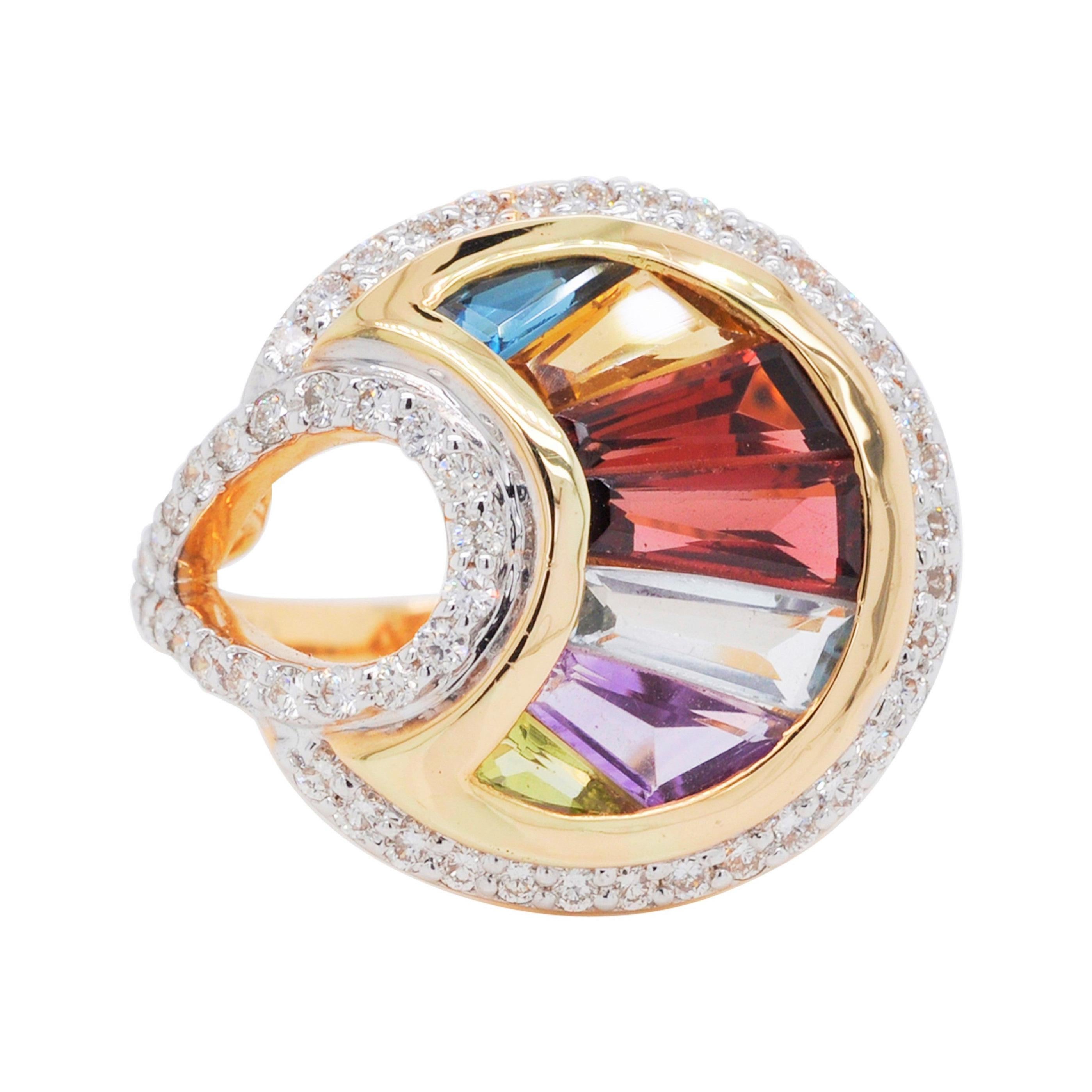 18 Karat Gold Channel Set Baguette Multi-Color Rainbow Diamond Cocktail Fan Ring For Sale