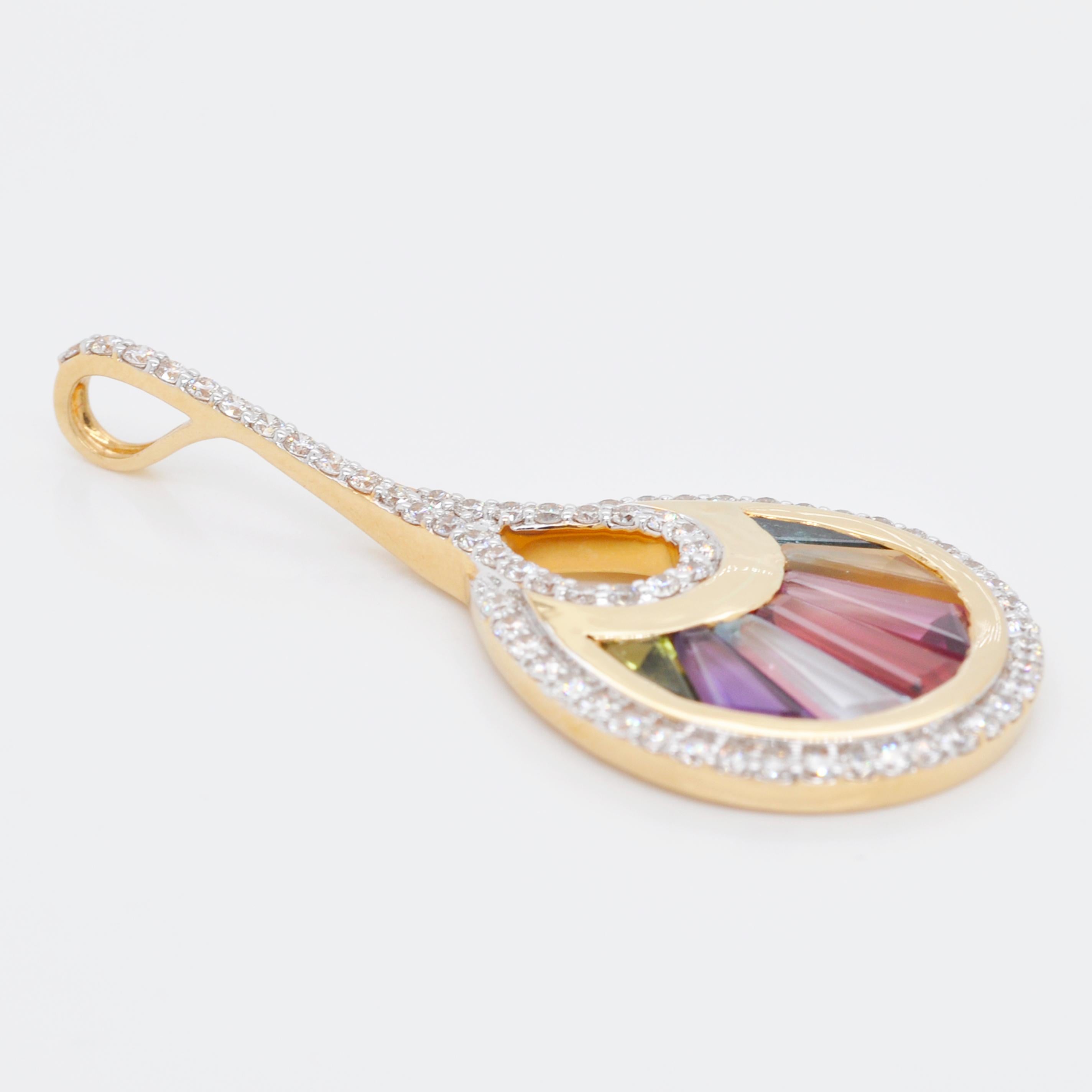 Contemporary 18 Karat Gold Channel Set Baguette Multi-Color Rainbow Diamond Cocktail Pendant For Sale