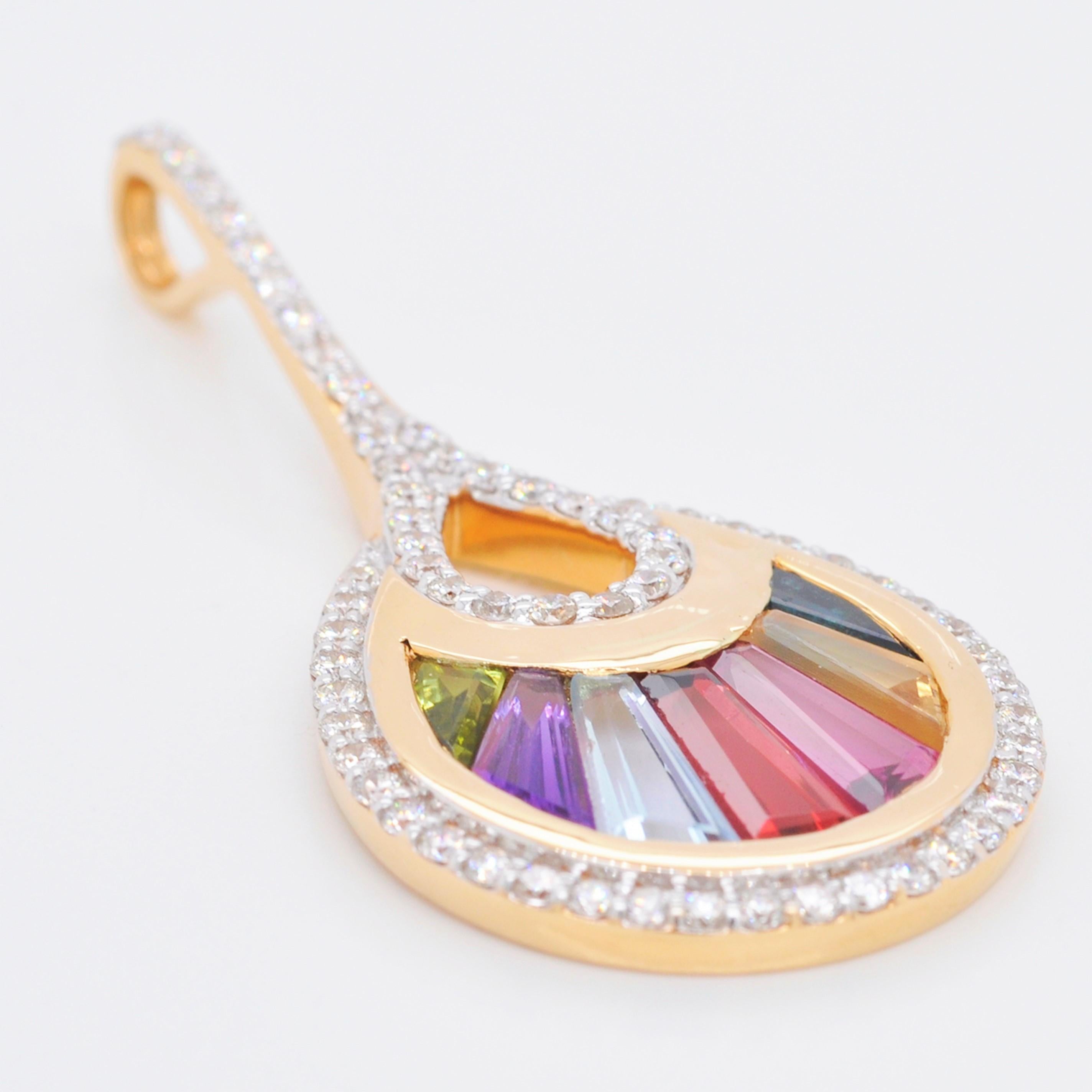 Women's 18 Karat Gold Channel Set Baguette Multi-Color Rainbow Diamond Cocktail Pendant For Sale
