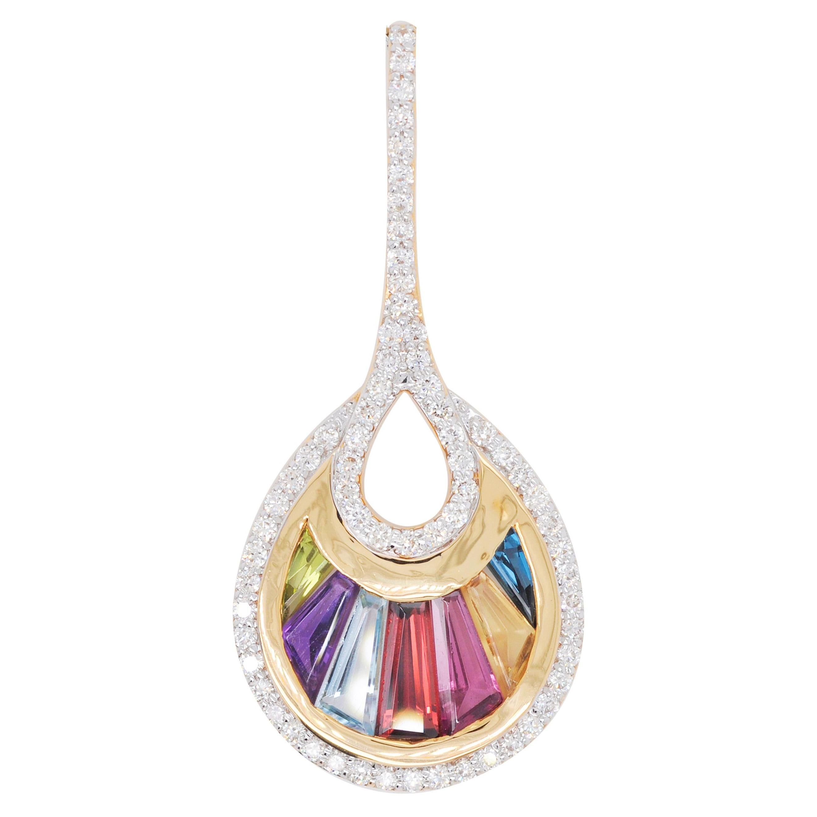 Pendentif cocktail en or 18 carats serti d'un diamant arc-en-ciel multicolore baguette et de diamants