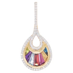 18 Karat Gold Channel Set Baguette Multi-Color Rainbow Diamond Cocktail Pendant