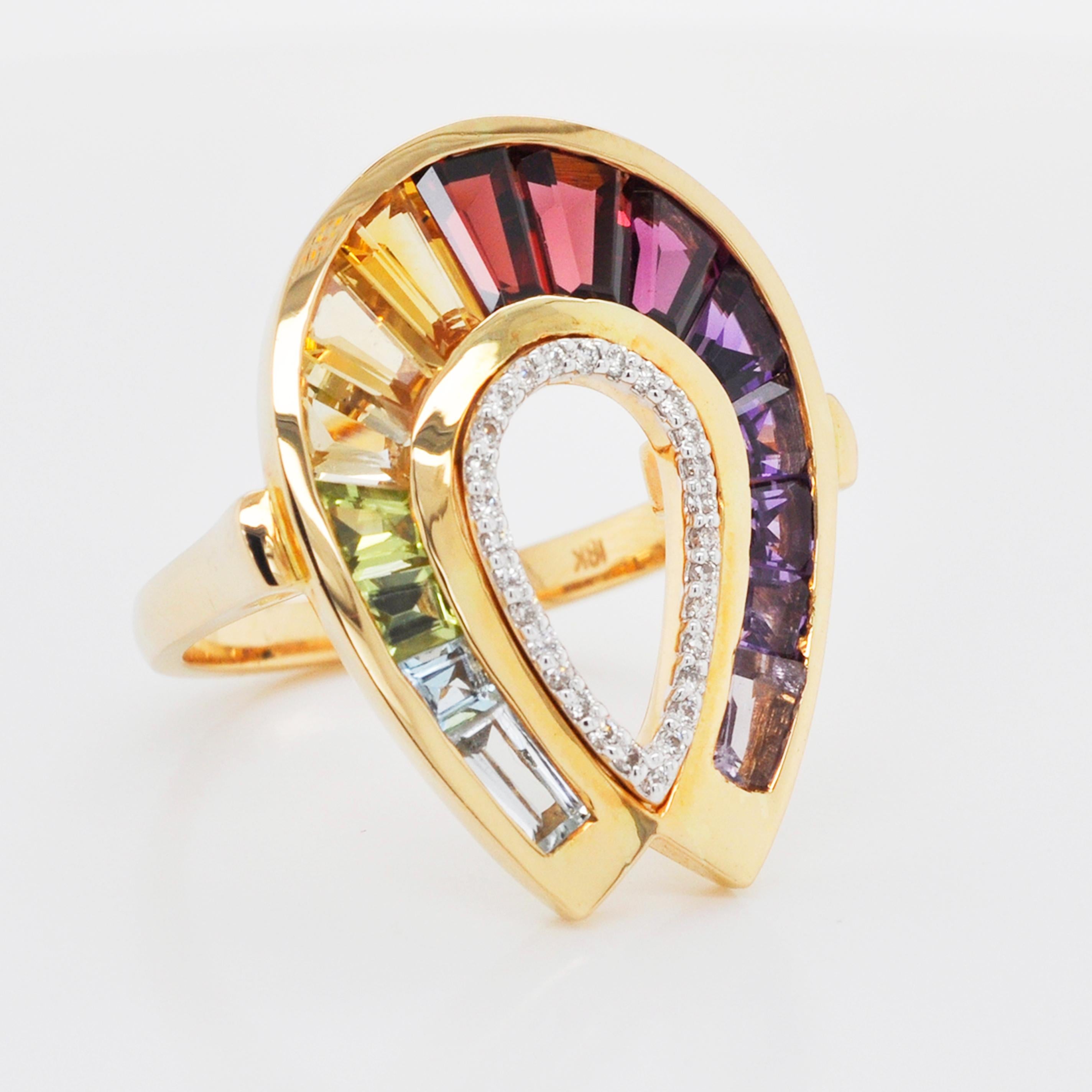 For Sale:  18 Karat Gold Channel Set Baguette Rainbow Gemstones Doorknocker Diamond Ring 10