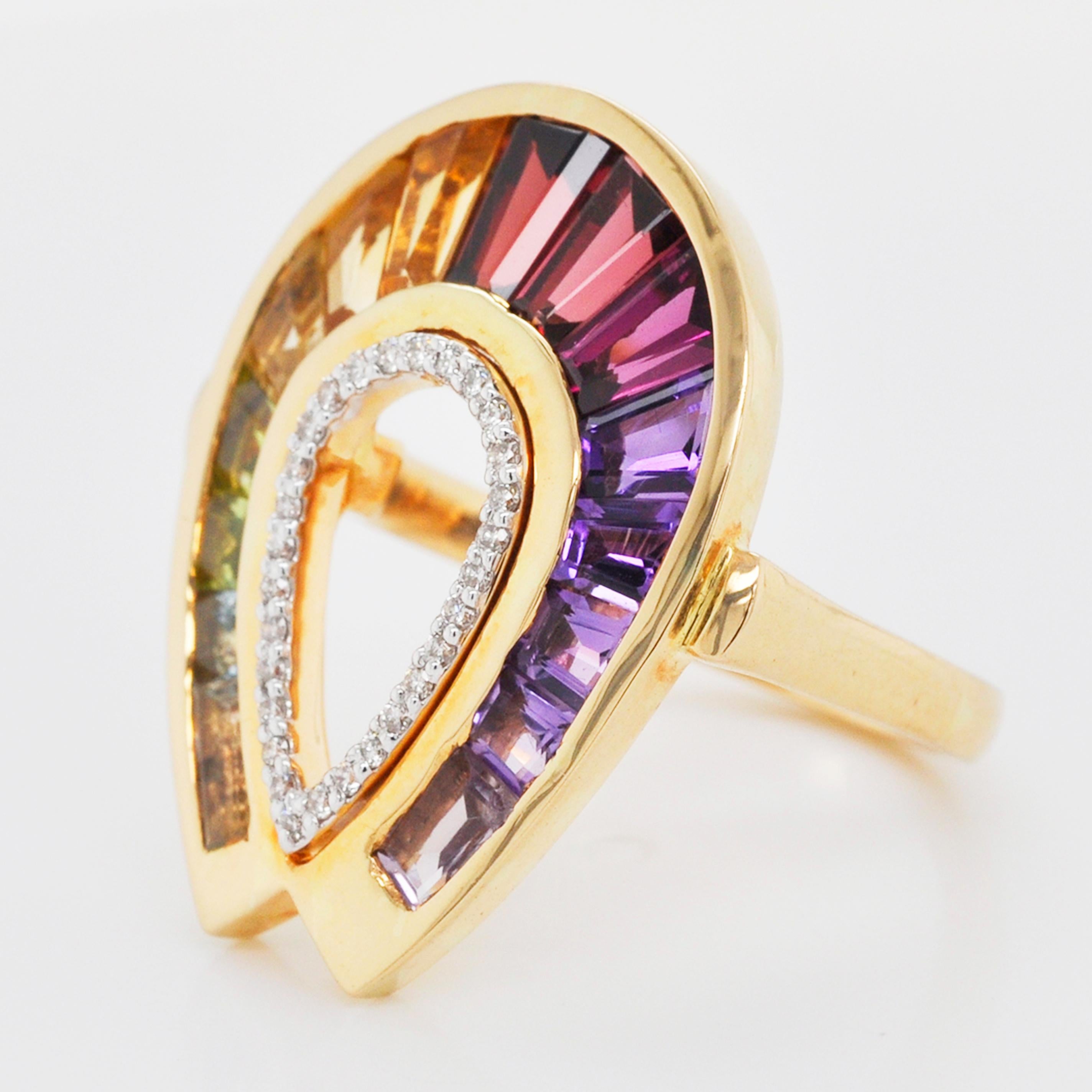 For Sale:  18 Karat Gold Channel Set Baguette Rainbow Gemstones Doorknocker Diamond Ring 11