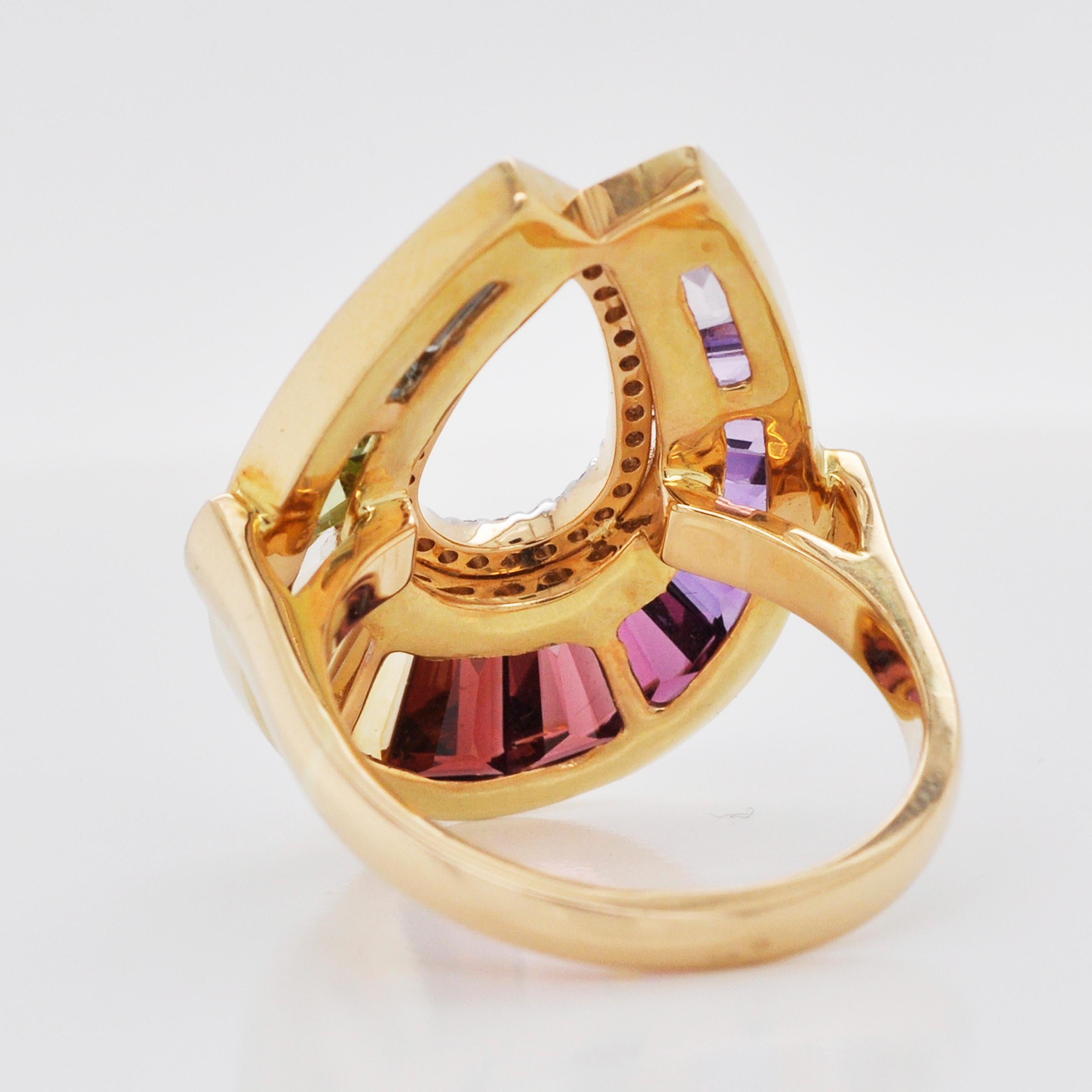 For Sale:  18 Karat Gold Channel Set Baguette Rainbow Gemstones Doorknocker Diamond Ring 12