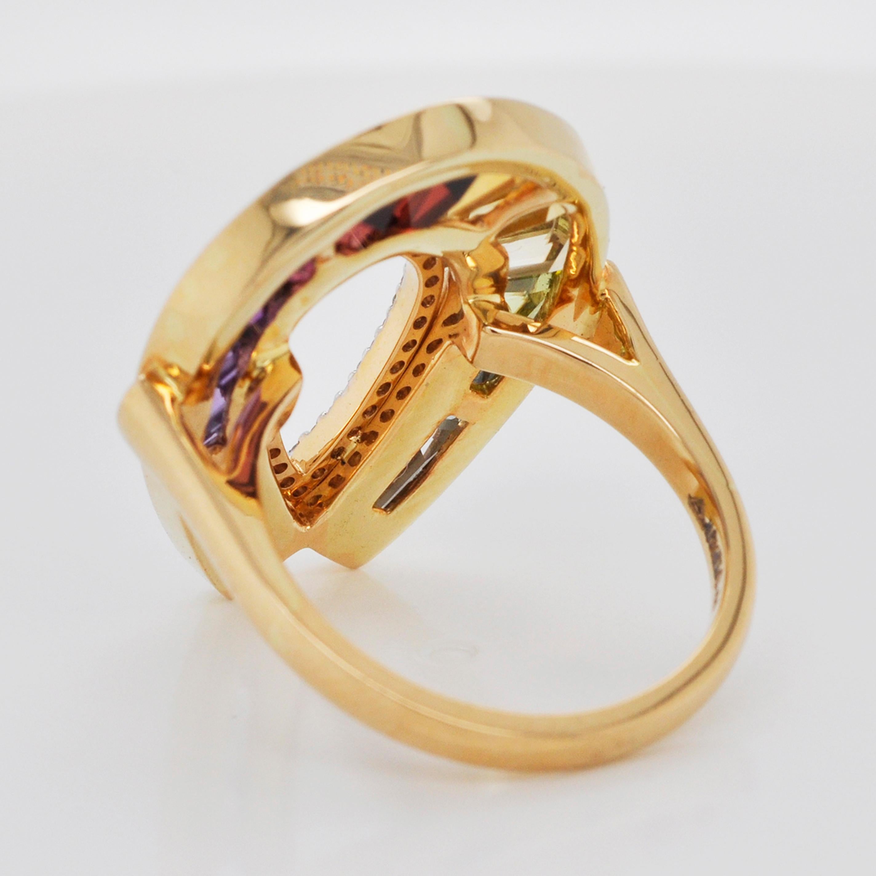 For Sale:  18 Karat Gold Channel Set Baguette Rainbow Gemstones Doorknocker Diamond Ring 13