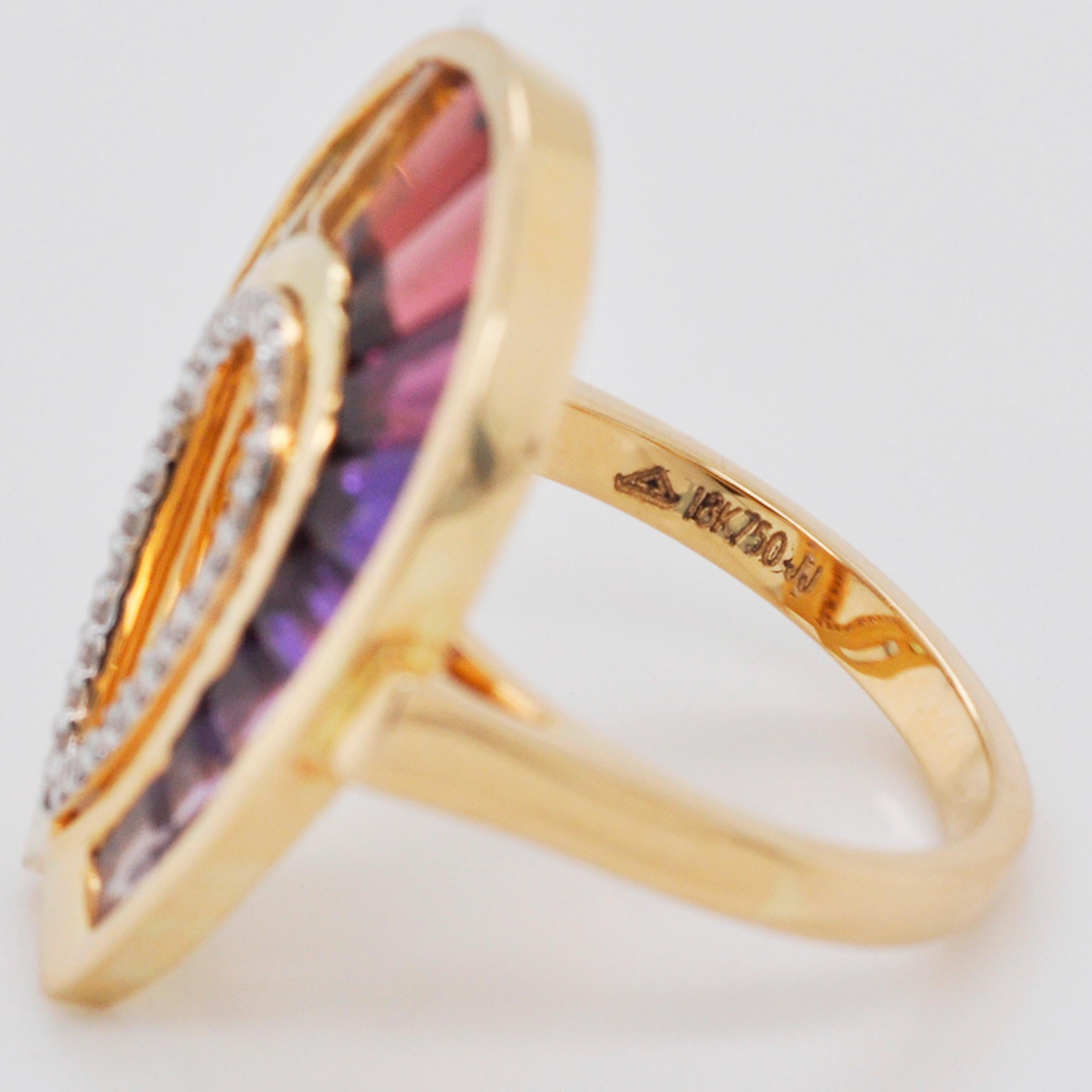 For Sale:  18 Karat Gold Channel Set Baguette Rainbow Gemstones Doorknocker Diamond Ring 14