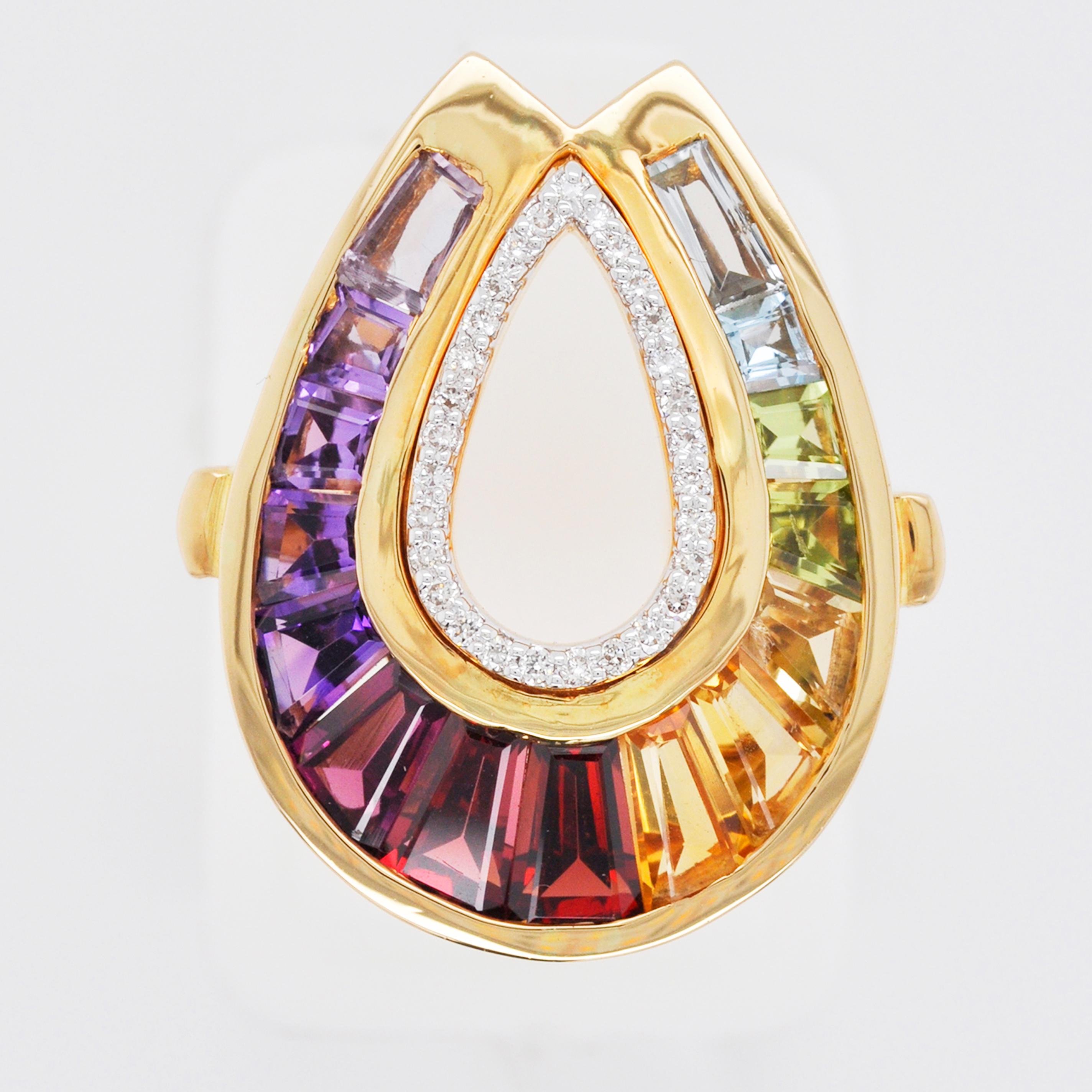 For Sale:  18 Karat Gold Channel Set Baguette Rainbow Gemstones Doorknocker Diamond Ring 7