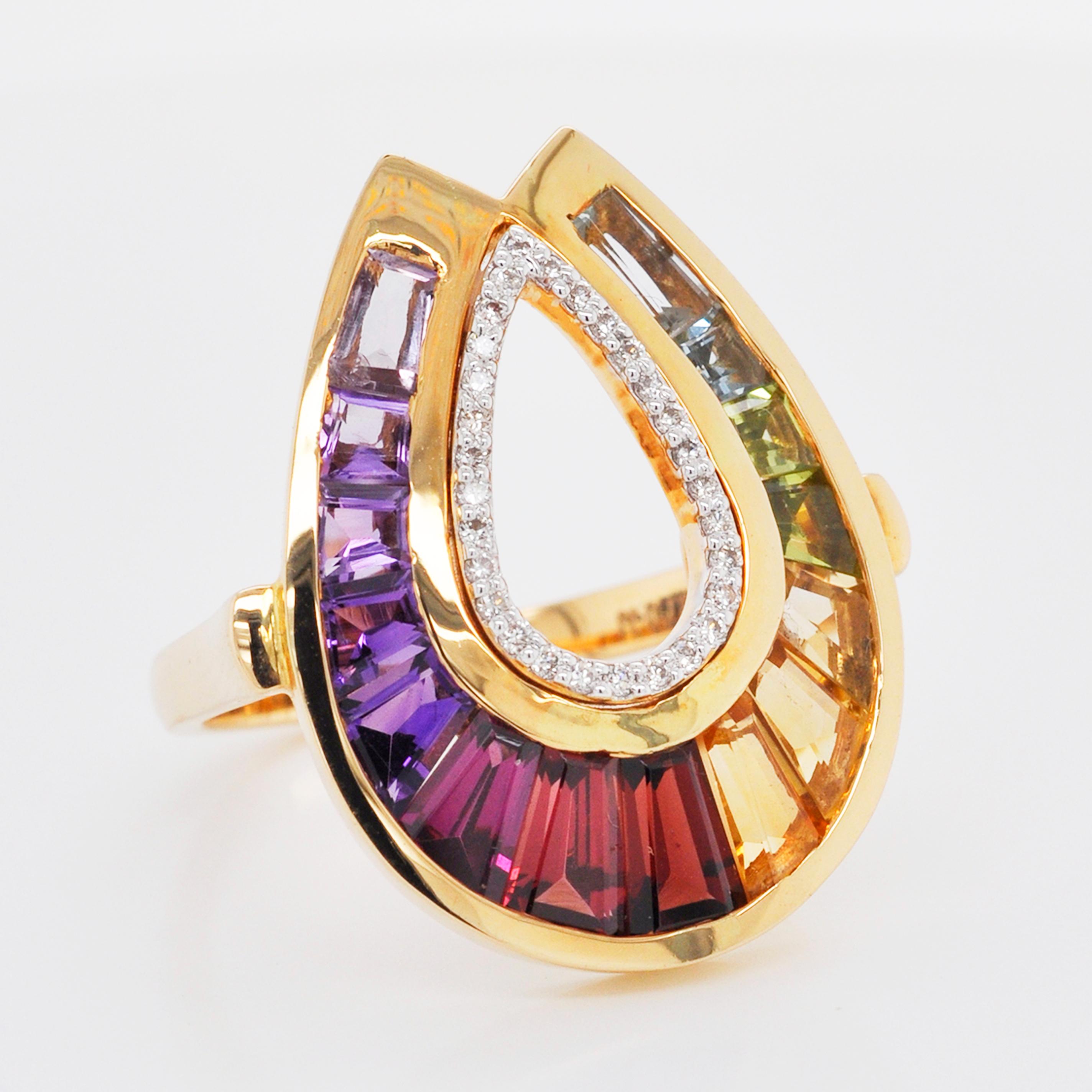 For Sale:  18 Karat Gold Channel Set Baguette Rainbow Gemstones Doorknocker Diamond Ring 8