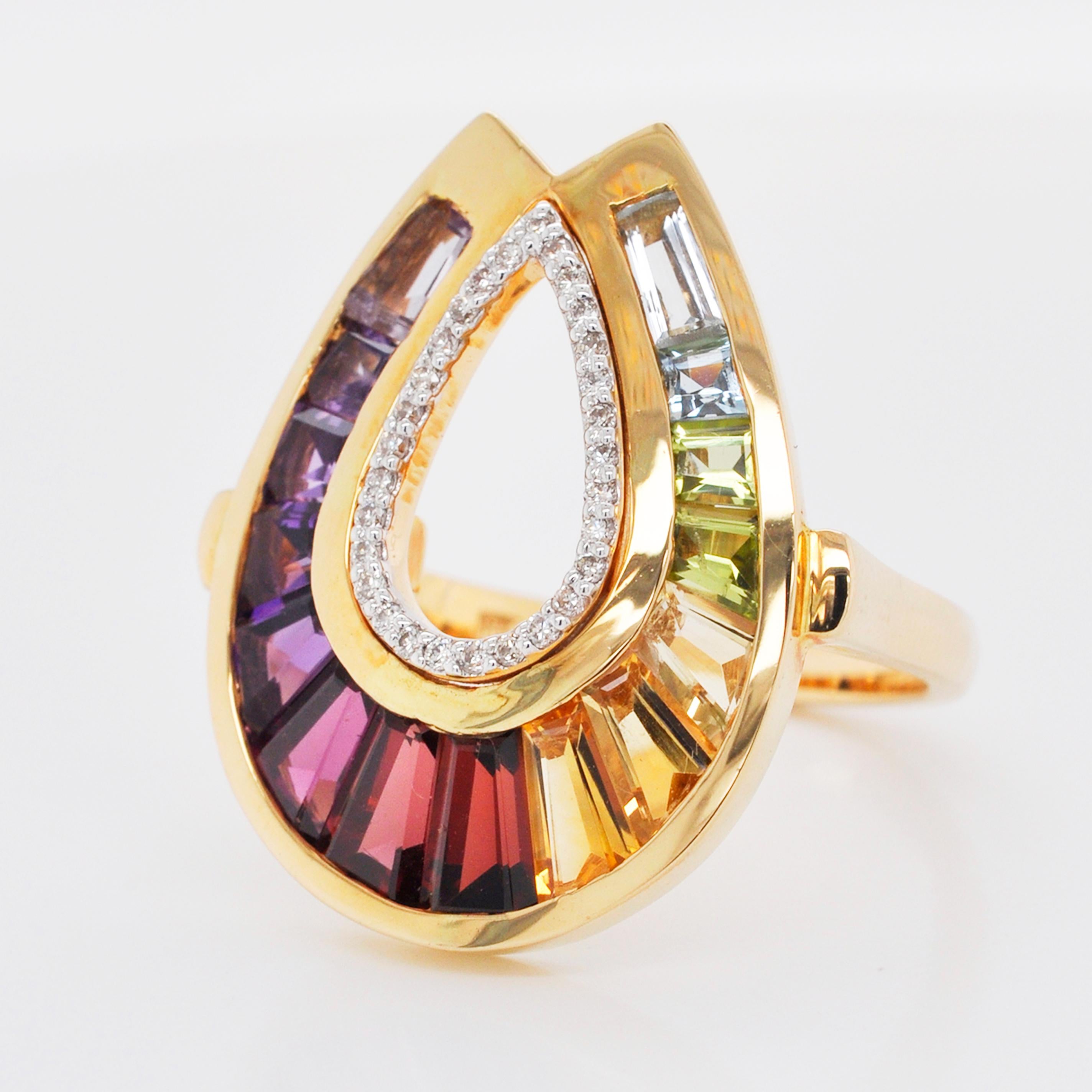 For Sale:  18 Karat Gold Channel Set Baguette Rainbow Gemstones Doorknocker Diamond Ring 9