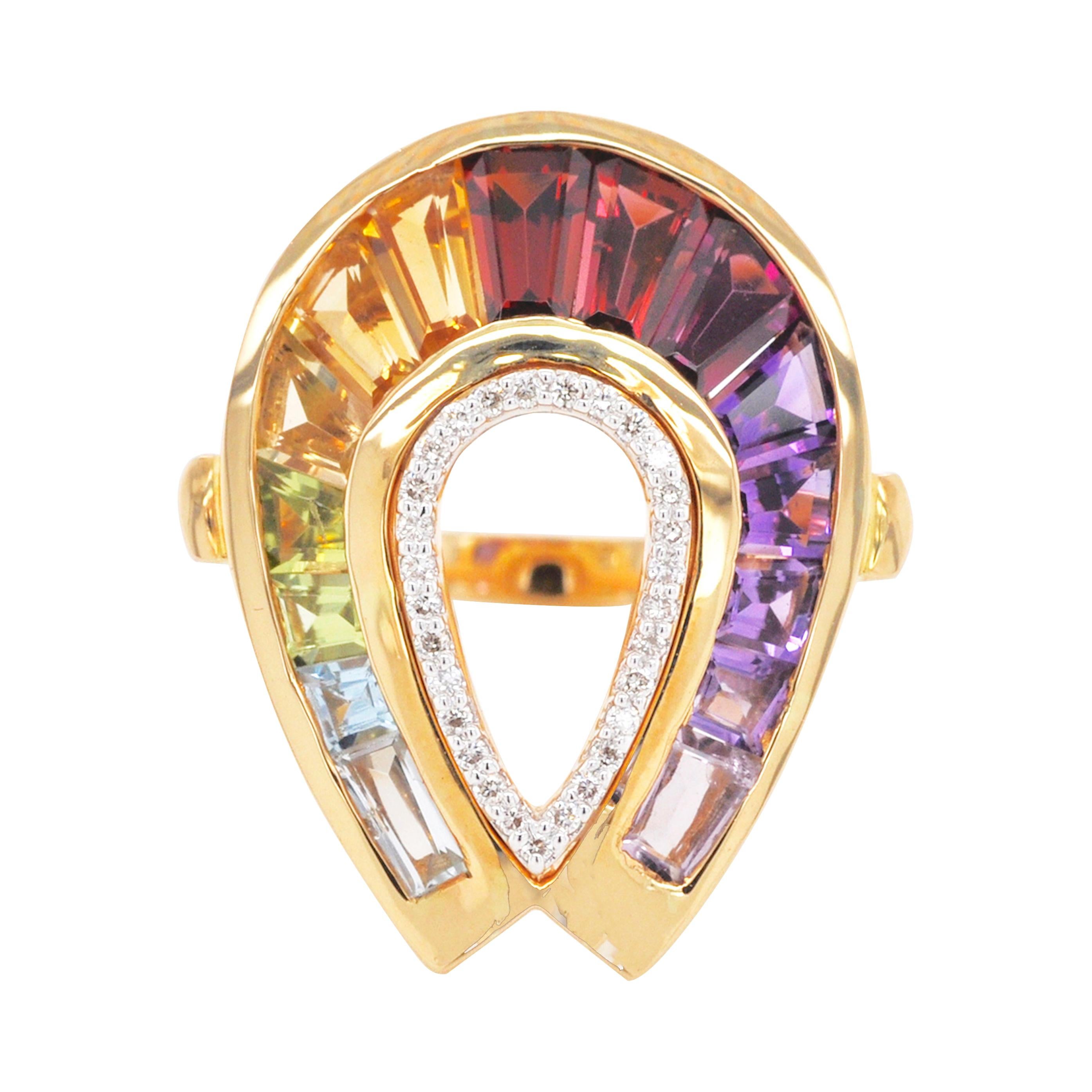 18 Karat Gold Channel Set Baguette Rainbow Gemstones Doorknocker Diamond Ring