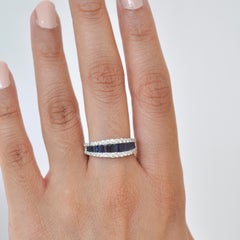18 Karat Gold Channel Set Blue Sapphire Baguette Diamond Contemporary Band Ring