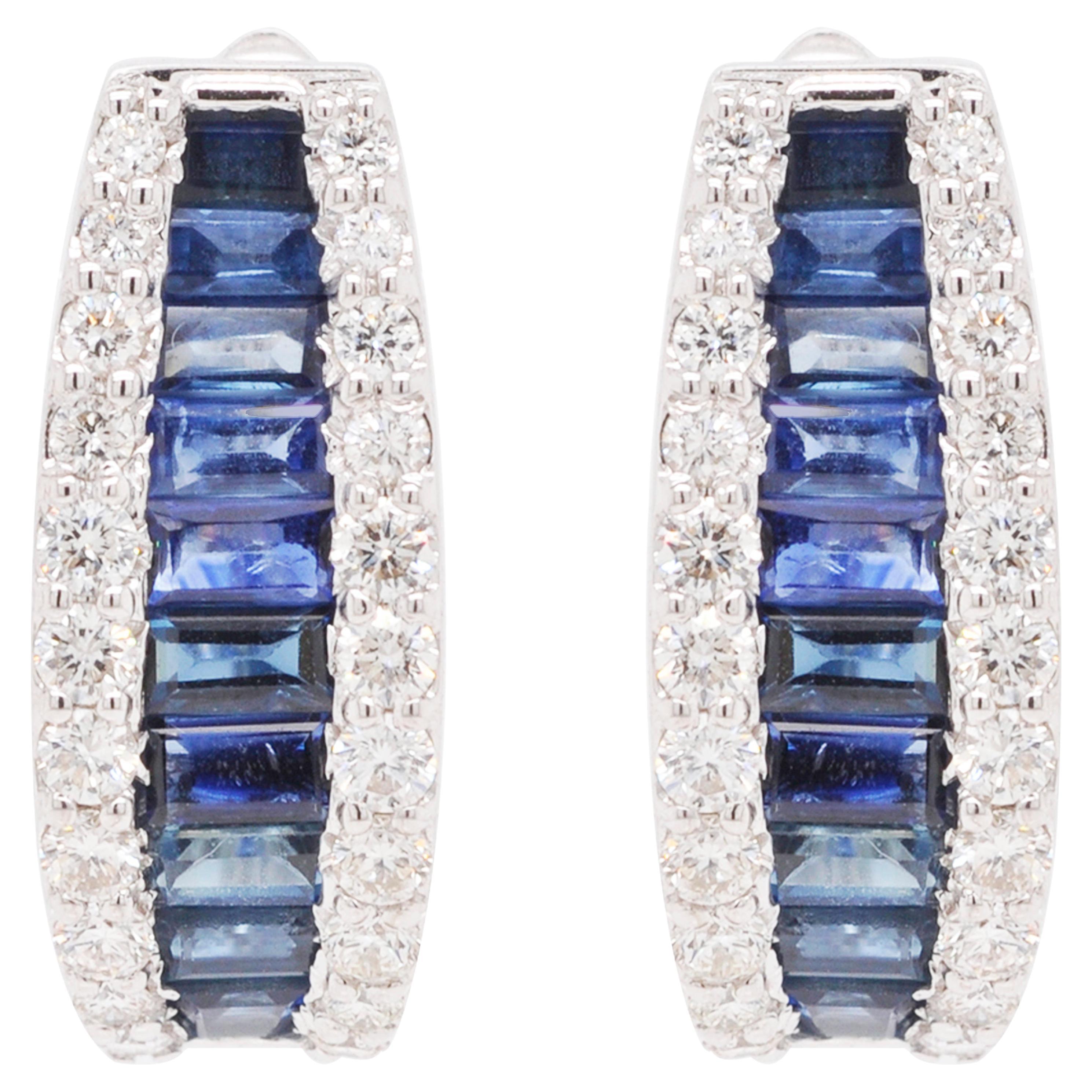 18 Karat Gold Channel Set Blue Sapphire Baguette Diamond Huggie Hoop Earrings
