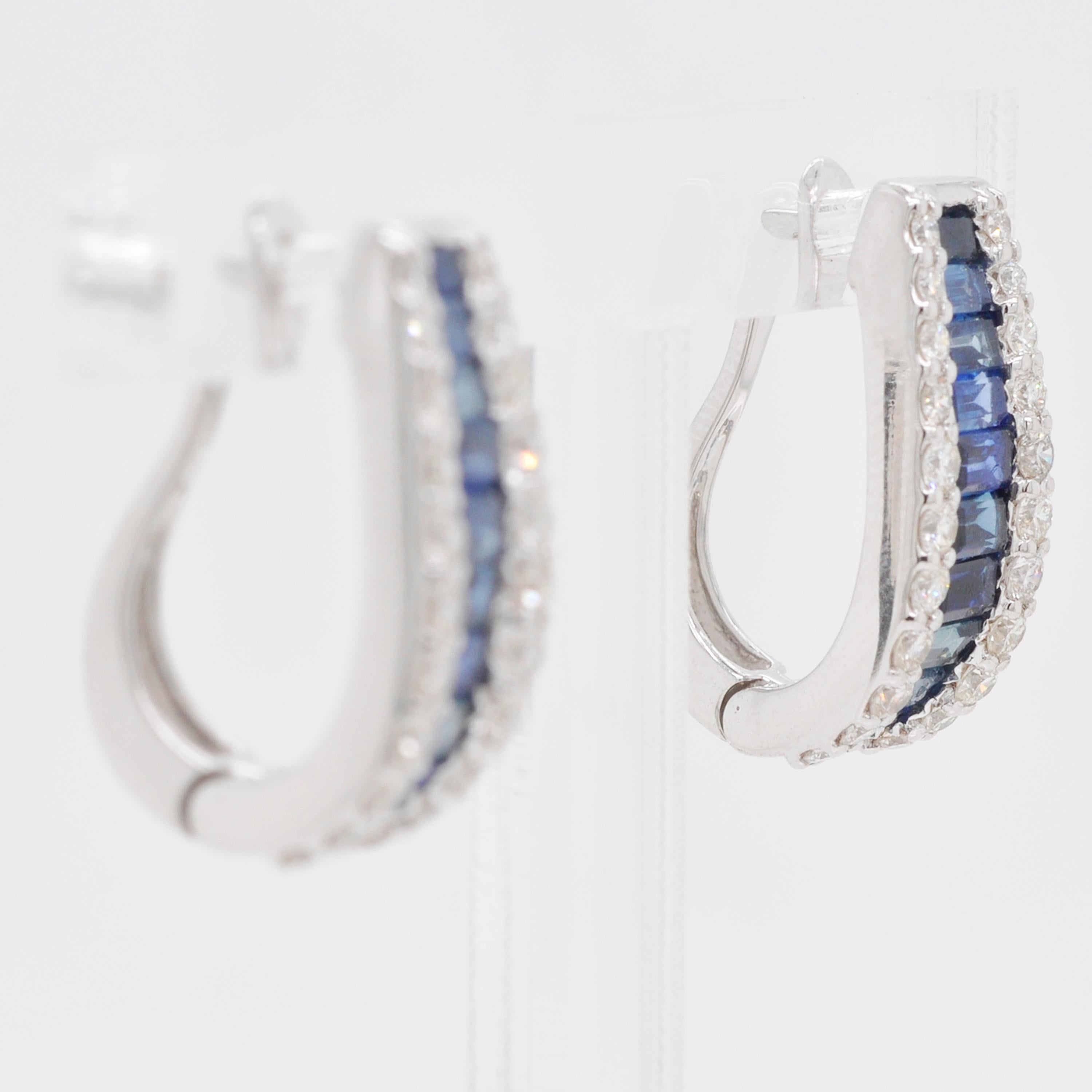 18 Karat Gold Channel Set Blue Sapphire Baguette Diamond Huggie Hoop Earrings 4