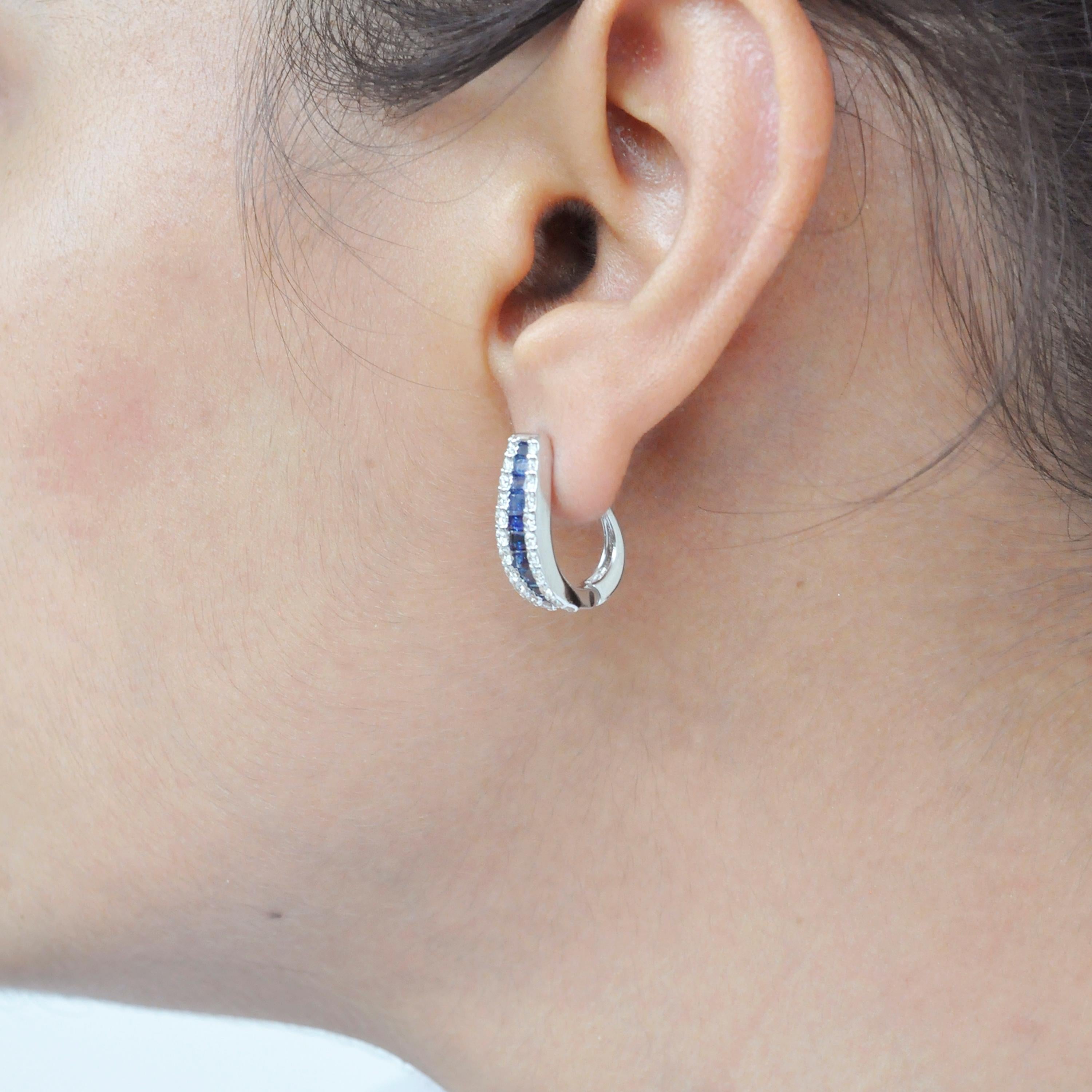 Contemporary 18 Karat Gold Channel Set Blue Sapphire Baguette Diamond Huggie Hoop Earrings