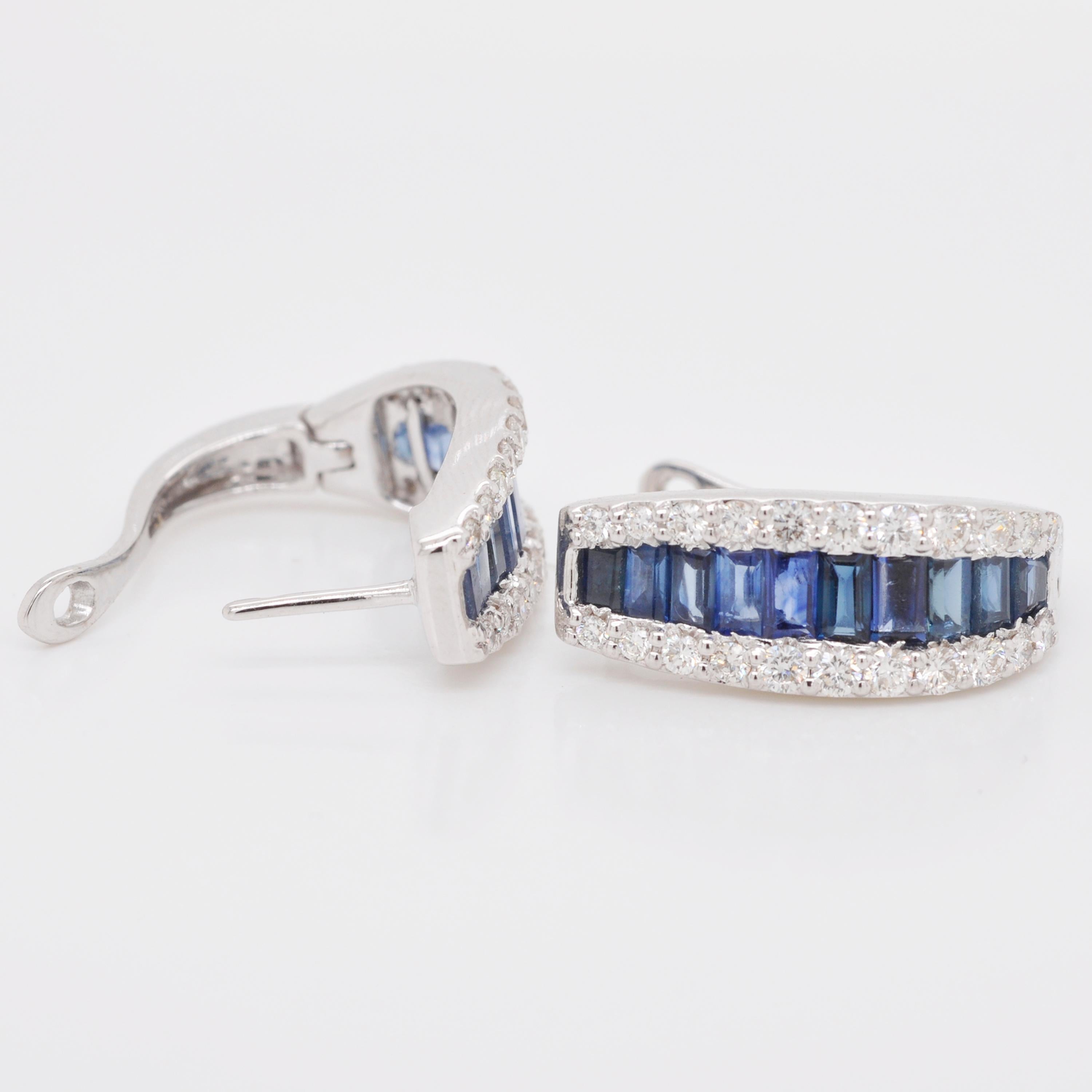Women's 18 Karat Gold Channel Set Blue Sapphire Baguette Diamond Huggie Hoop Earrings