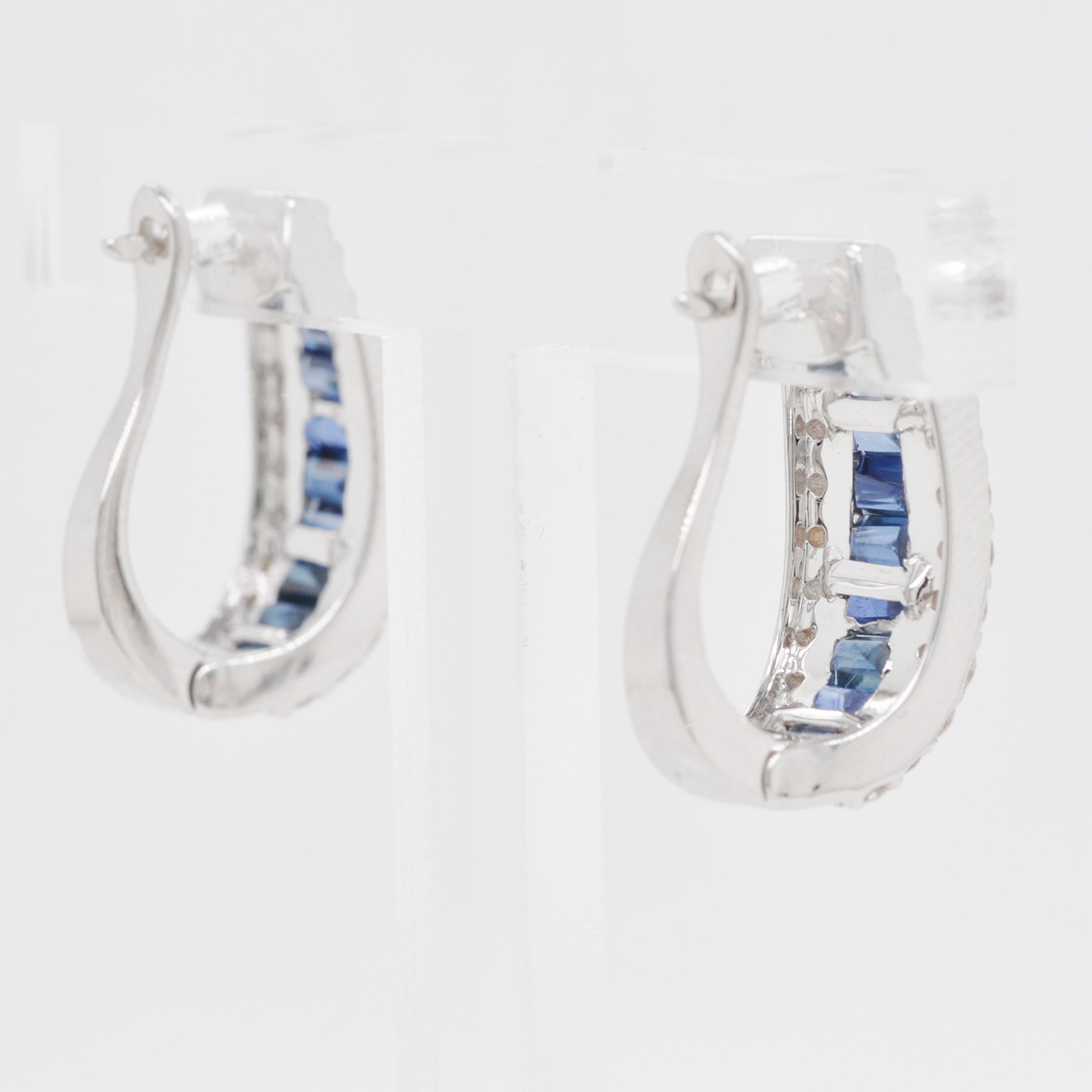 18 Karat Gold Channel Set Blue Sapphire Baguette Diamond Huggie Hoop Earrings 1